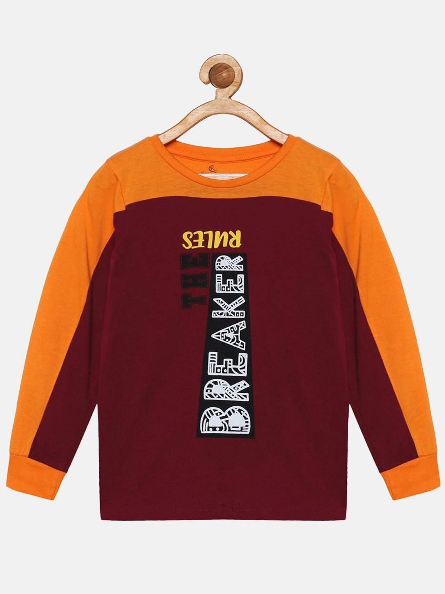 Kiddopanti Kids Maroon & Orange Cotton Printed Full Sleeves T-Shirt