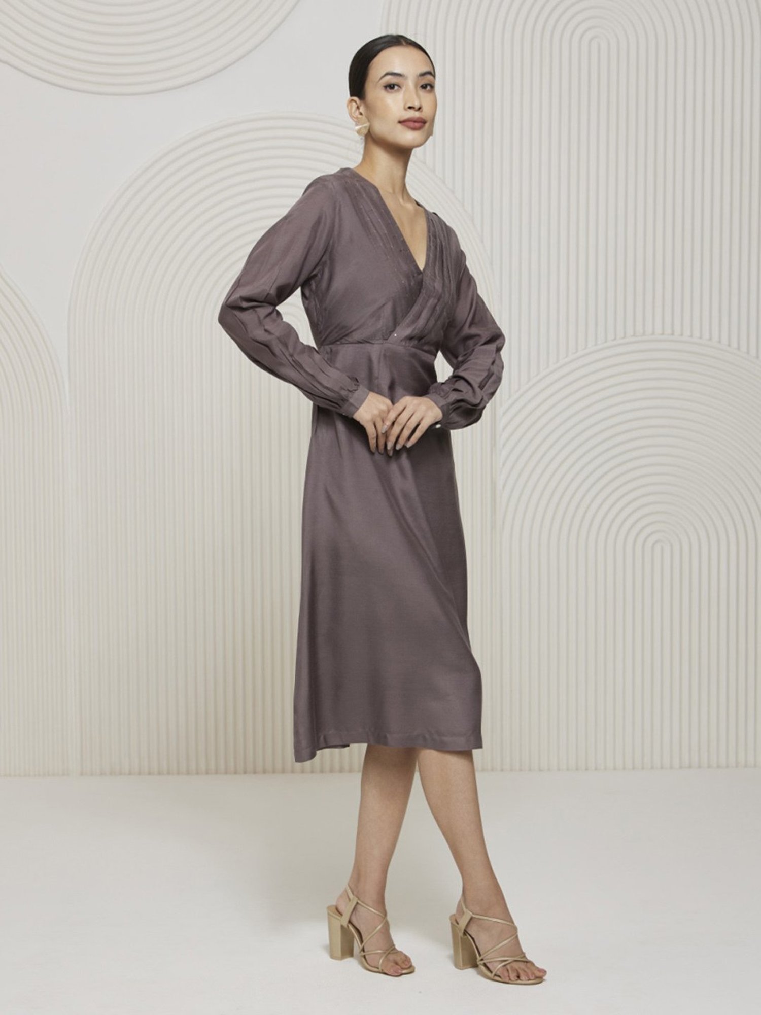 Artagai Granite Grey Kashida Pleated Fit And Flare Dress With Mukesh Work