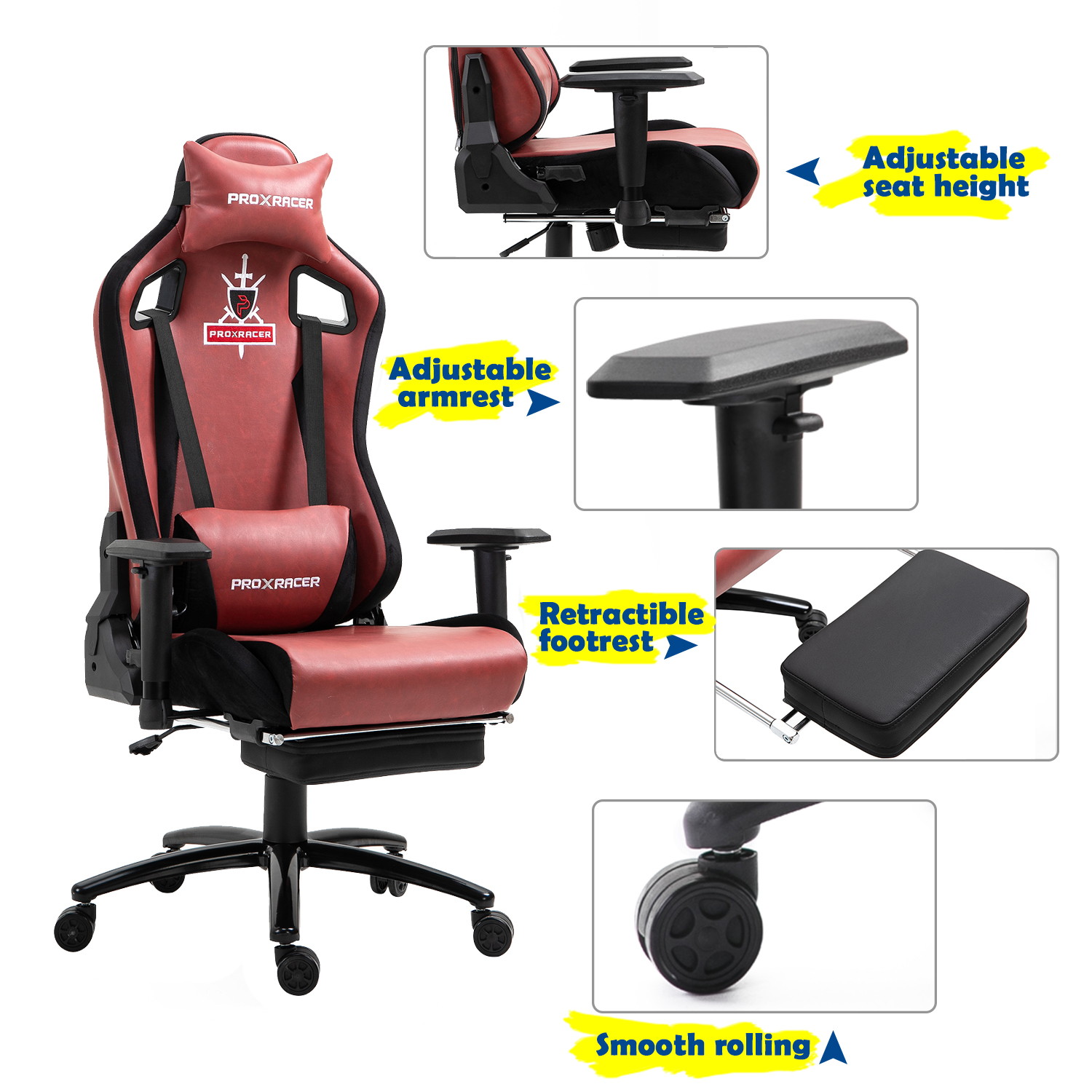 Walsport High-Back Racing Gaming Chair Office Chair Recliner Computer Chair Adjustable PU Leather Desk Chair with Massage Lumbar Support Footrest