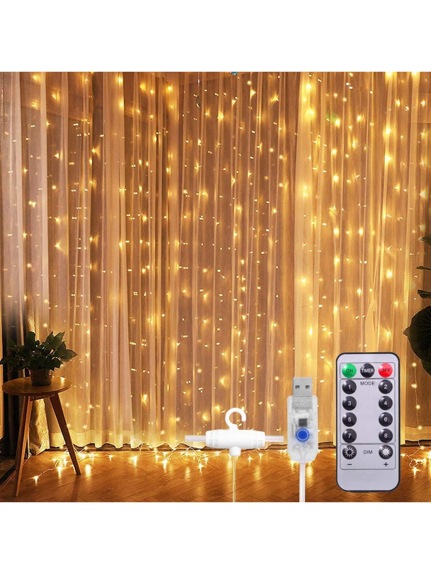 XERGY Window Curtain 300 LED 8 Lighting Modes Fairy Lights with Remote Control (Yellow)