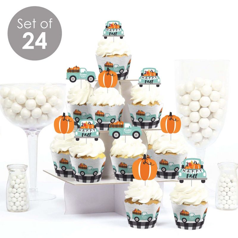 Big Dot of Happiness Happy Fall Truck - Cupcake Decoration - Harvest Pumpkin Party Cupcake Wrappers and Treat Picks Kit - Set of 24