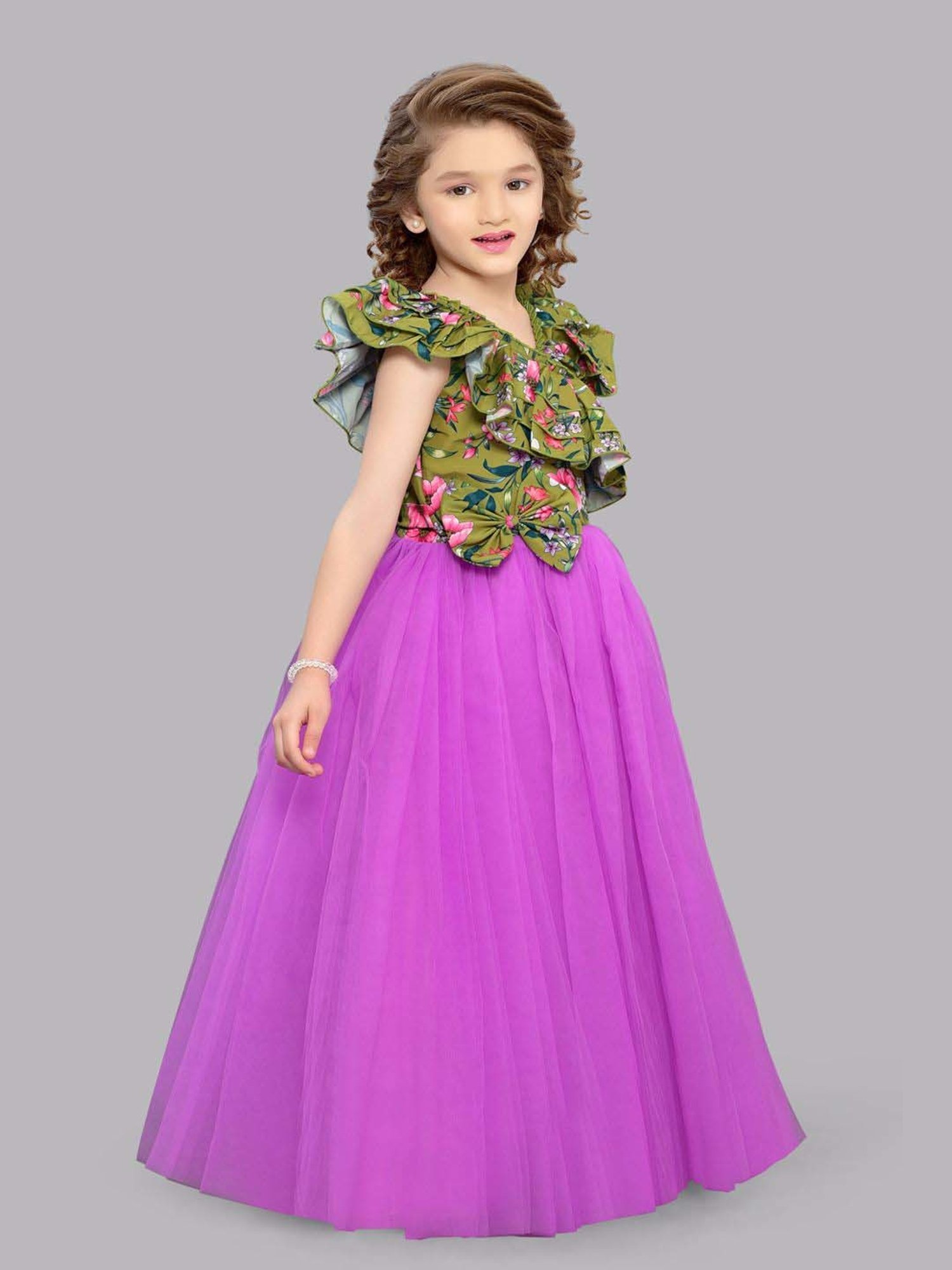 Pink Chick Kids Green & Pink Floral Party Gowns