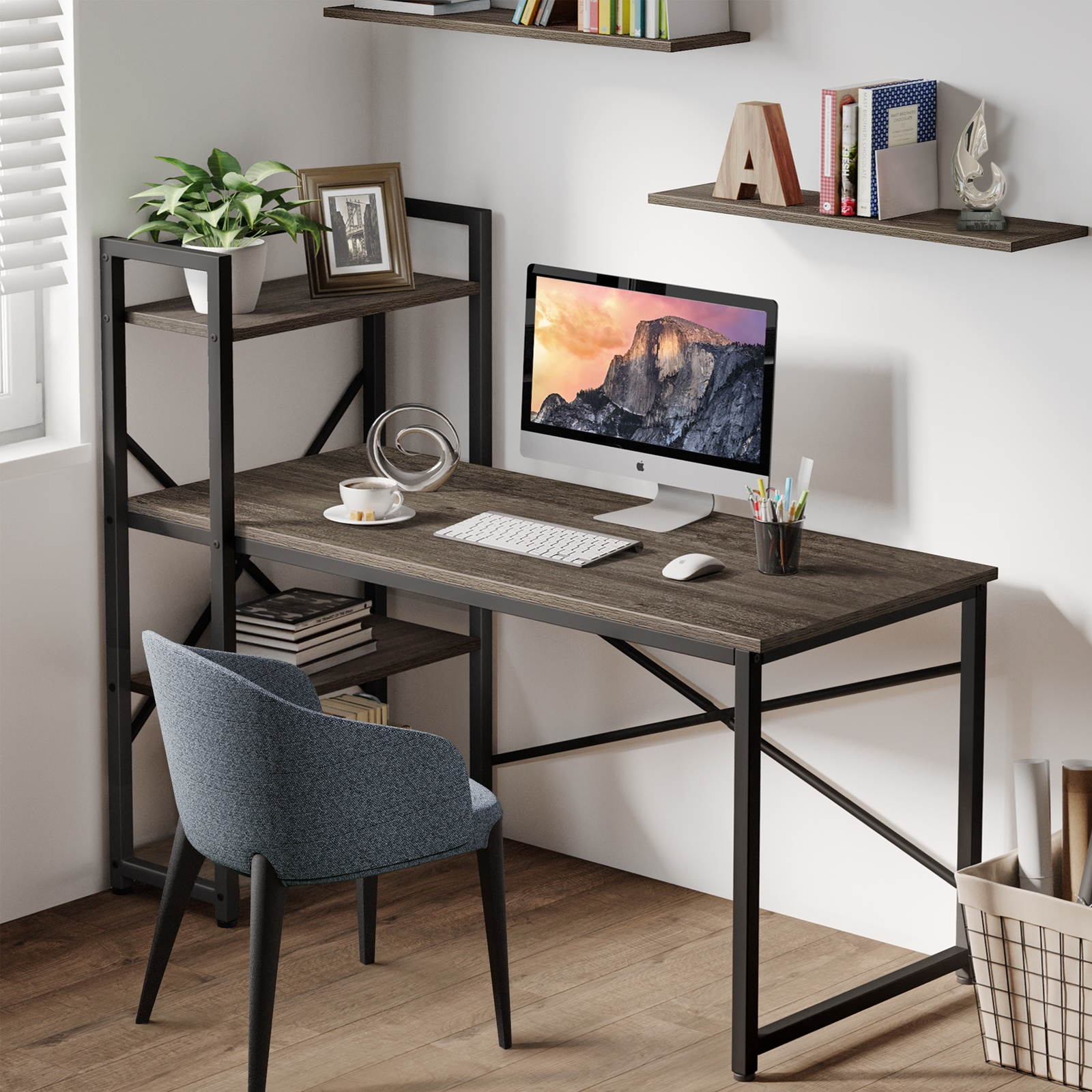 HOMEMAX Computer Desk with Shelves 55.1" Writing Study Table with Adjustable Storage Modern Home Office Desk with Reversible Bookshelf Rustic Gray