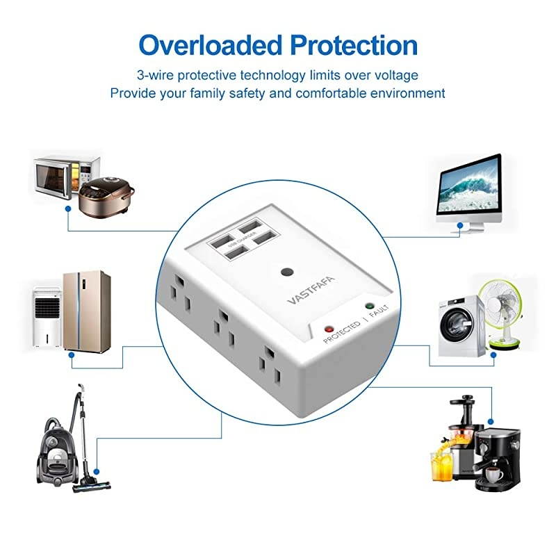 6 AC Outlets Surge ProtectorMulti Outlet Wall AdapterUSB Power Strip Extension Mountable Grounded Surge Protector Portable Outlet Extender for TV Computer Laptops Smartphone White