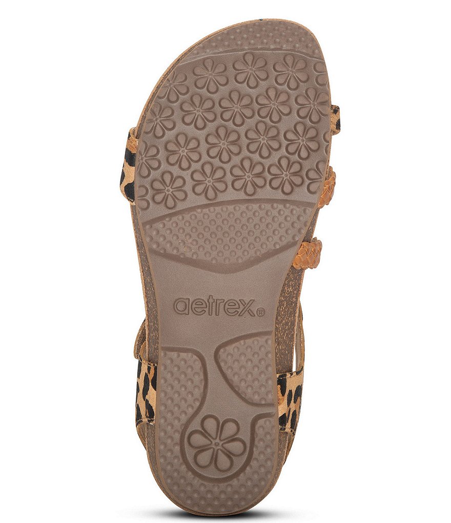 Aetrex Jillian Braided Quarter Strap Leopard Print Leather Cork Wedge Sandals