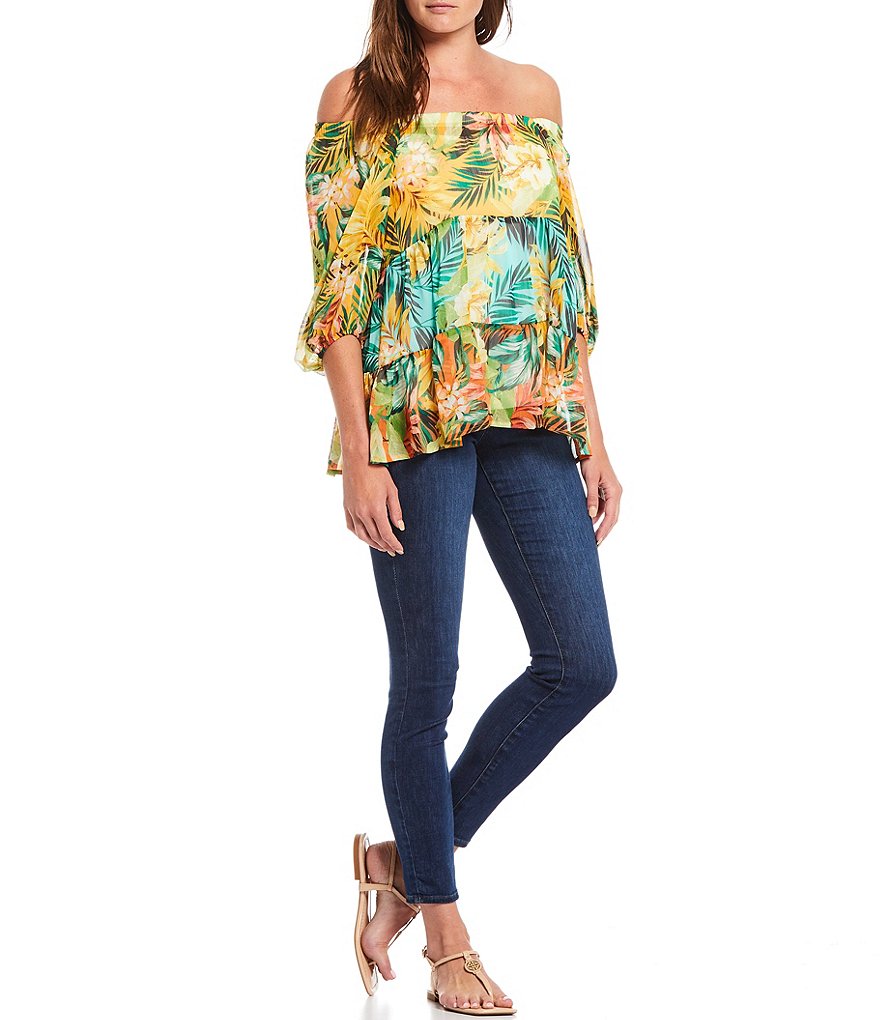 Figueroa & Flower Shira Tropical Floral Print Off-the-Shoulder Elbow Balloon Sleeve Tiered Blouse