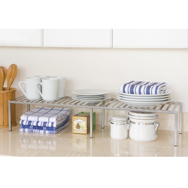 Seville Classics Iron Slat Expandable Kitchen Counter and Cabinet Shelf, Satin Pewter