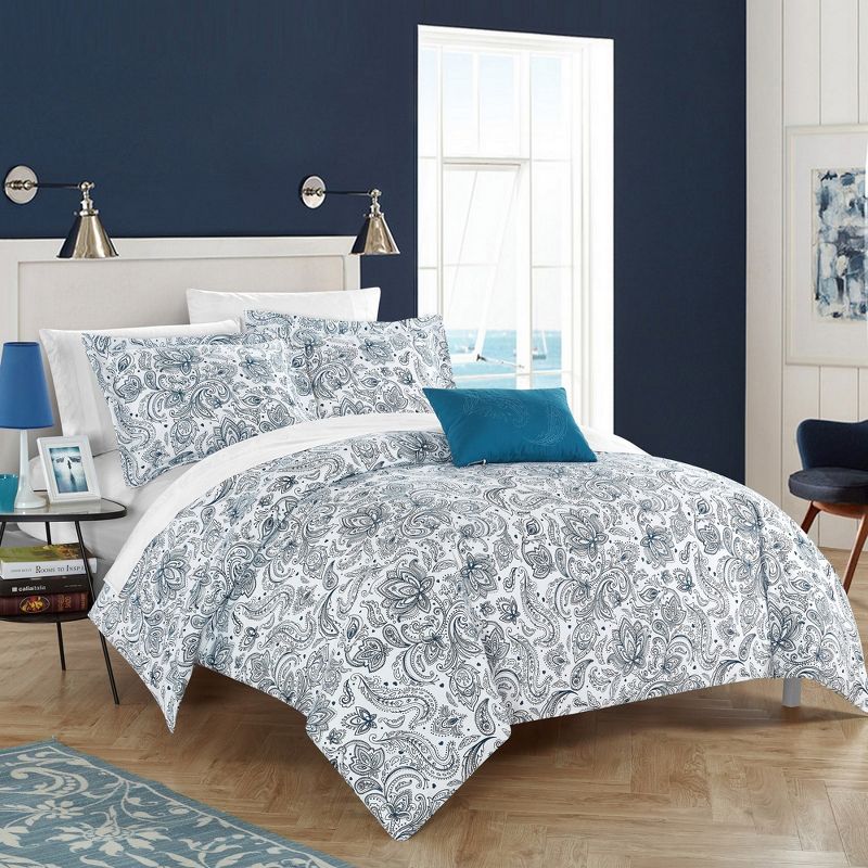 Chic Home Regent's Park 4 Piece Duvet Cover Set Two-Tone Vintage Paisley Pattern Print Zipper Closure Bedding - Decorative Pillow Shams Included, Blue Queen