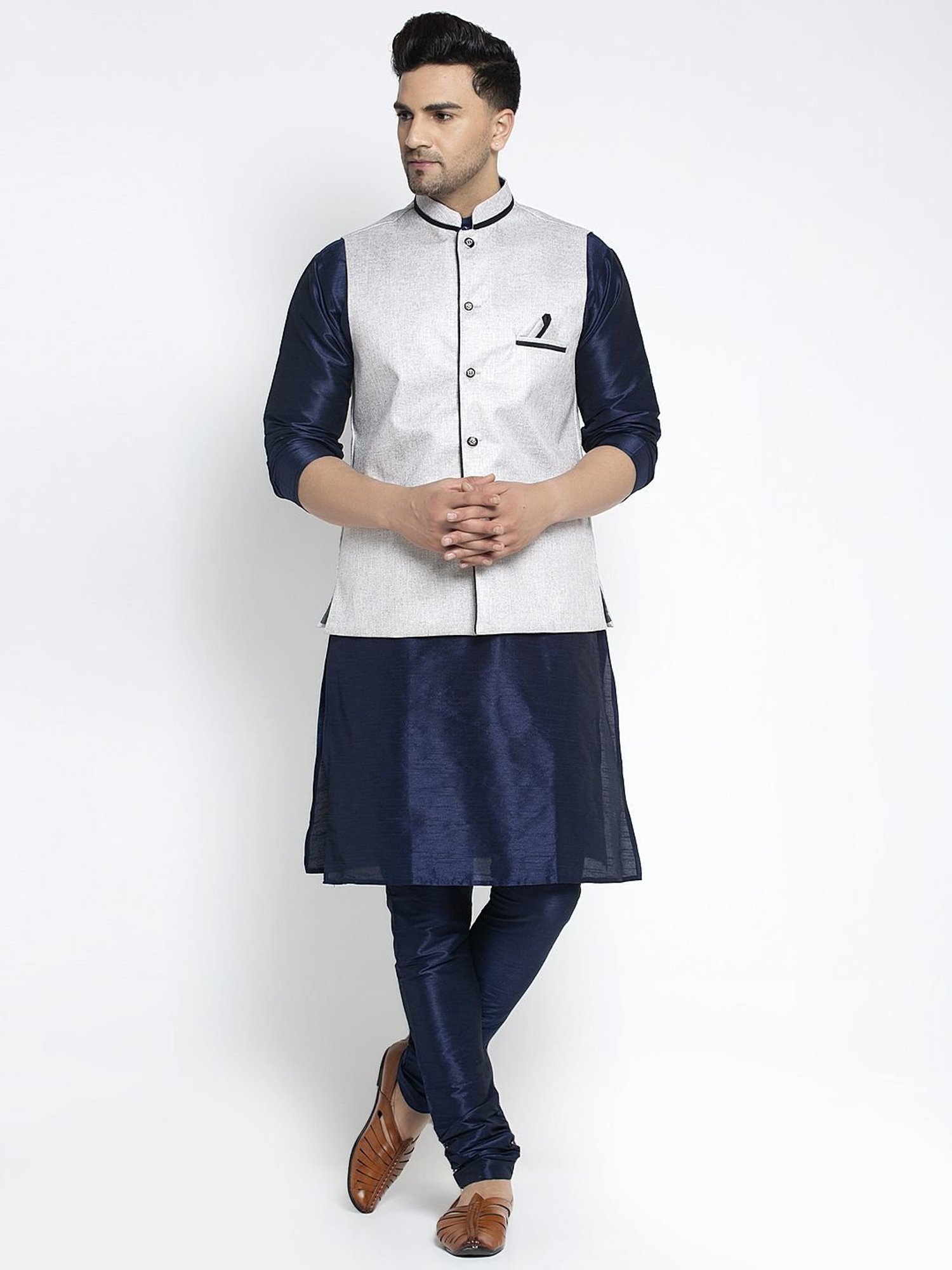 Benstoke Navy Blue & Grey Regular Fit Kurta Set With Jacket