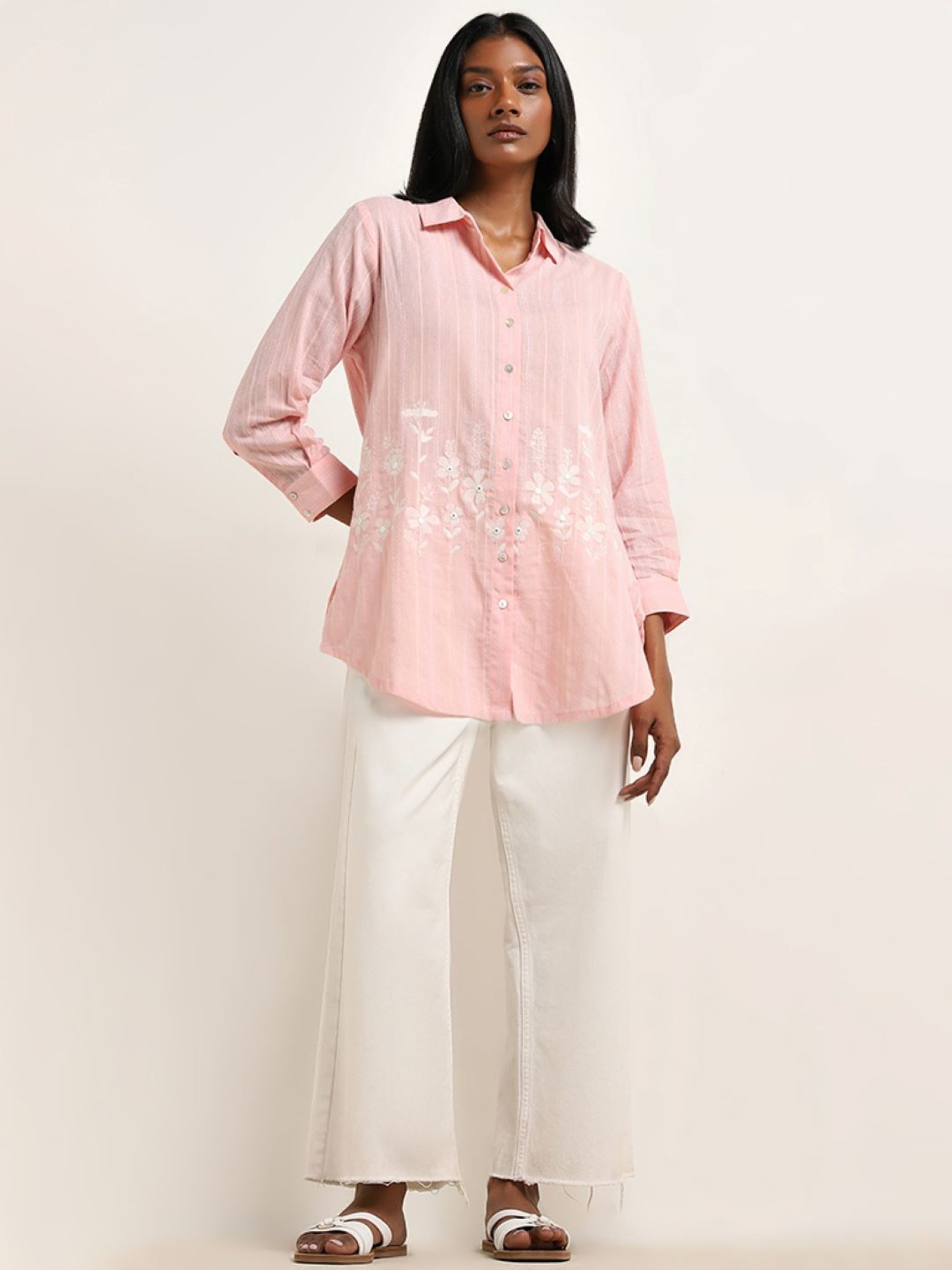 Utsa by Westside Light Pink Floral Embroidered Cotton Tunic