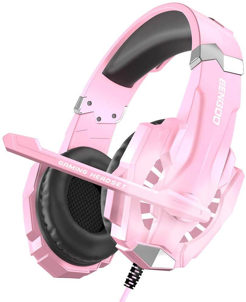 BENGOO Stereo Gaming Headset for PS4, PC, Xbox One Controller, Noise Cancelling Over Ear Headphones Mic, LED Light, Bass Surround, Soft Memory Earmuffs for Laptop Mac Nintendo Switch (Pink)