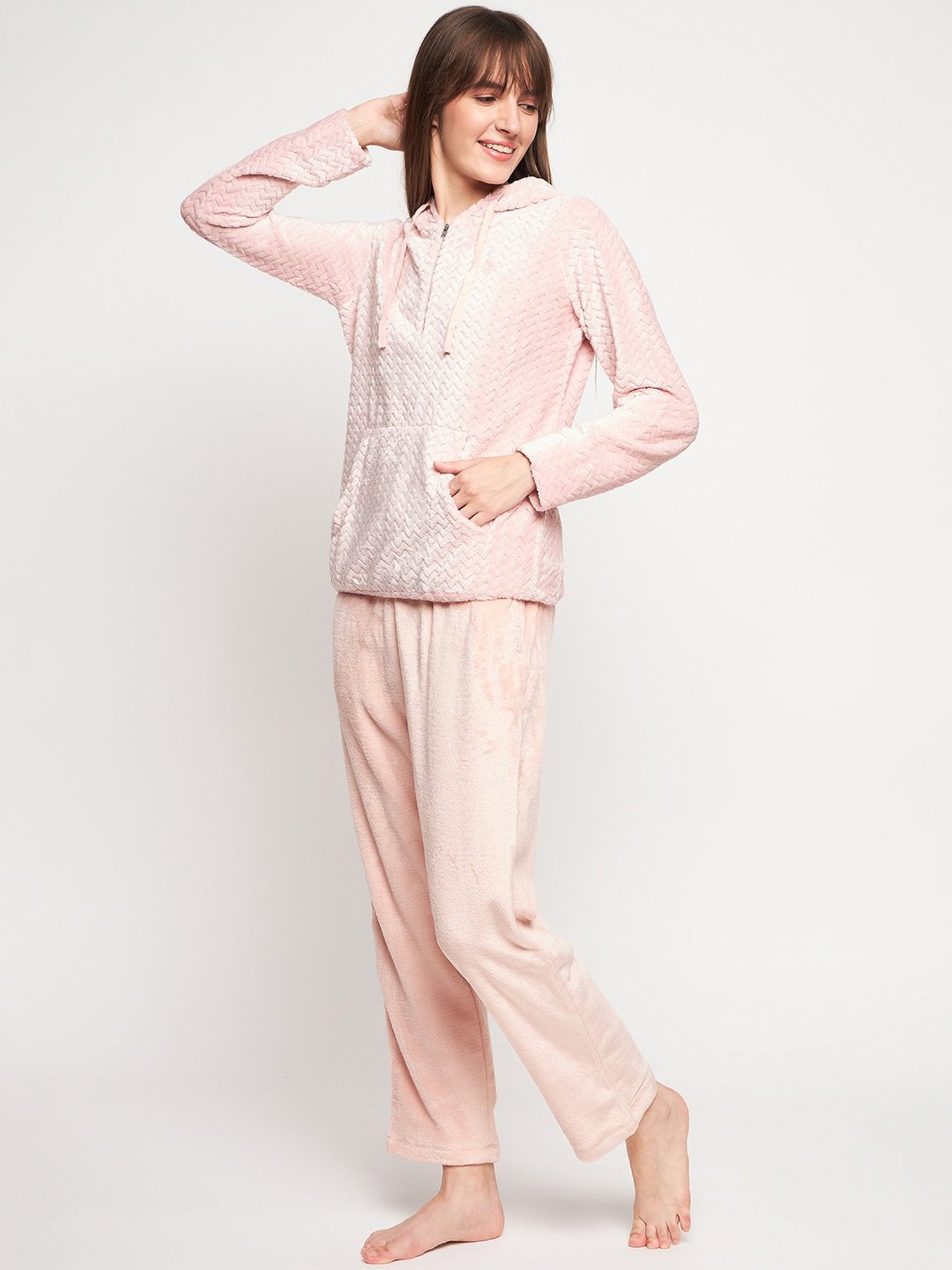 MADAME M Secret Peach Self Design Hoodie With Pyjamas
