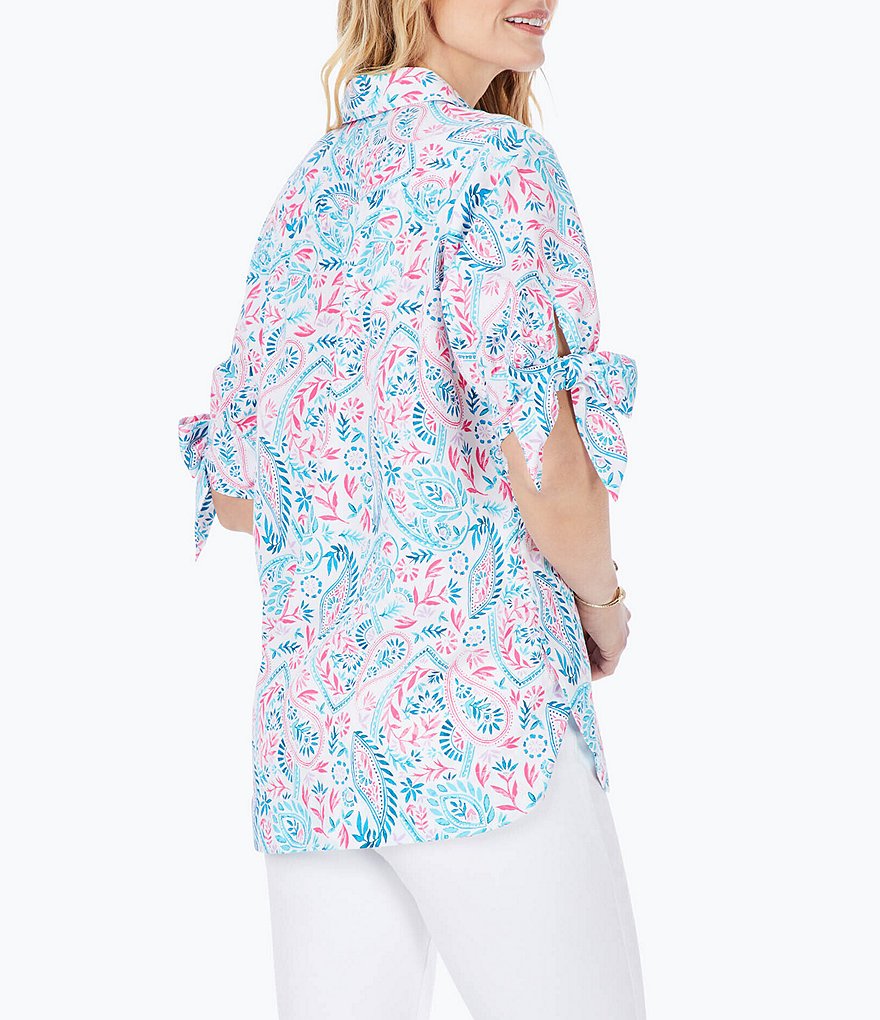 Foxcroft Painted Paisley Collar V-Neck Bow Sleeve Non-Iron Tunic