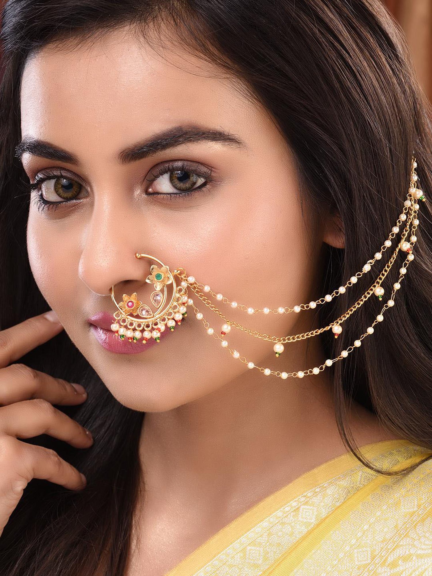 Saraf Rs Jewellery Gold Plated  Red& White Pearl Beaded Floral Nose Ring