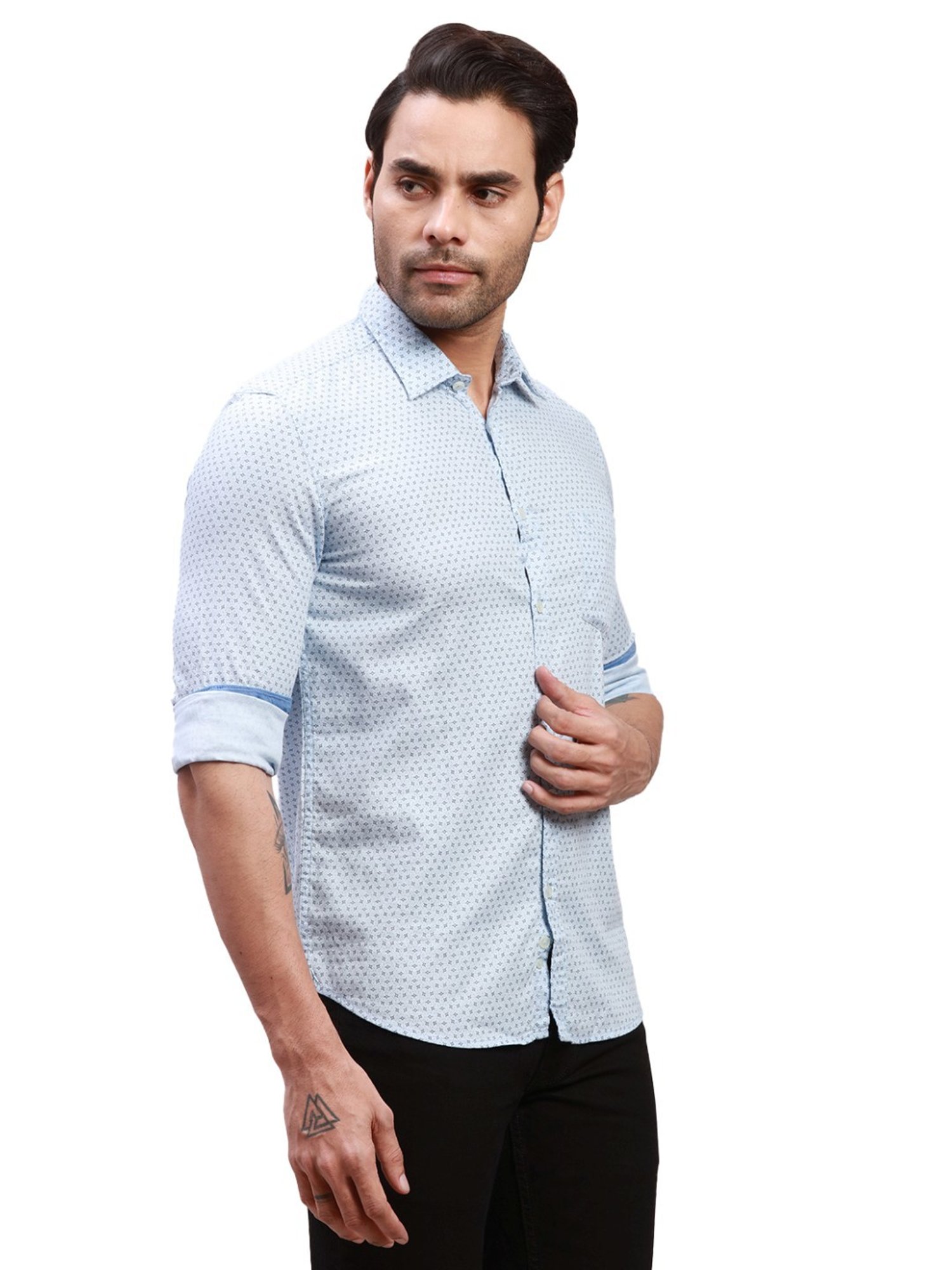 Parx Blue Cotton Slim Fit Printed Shirt