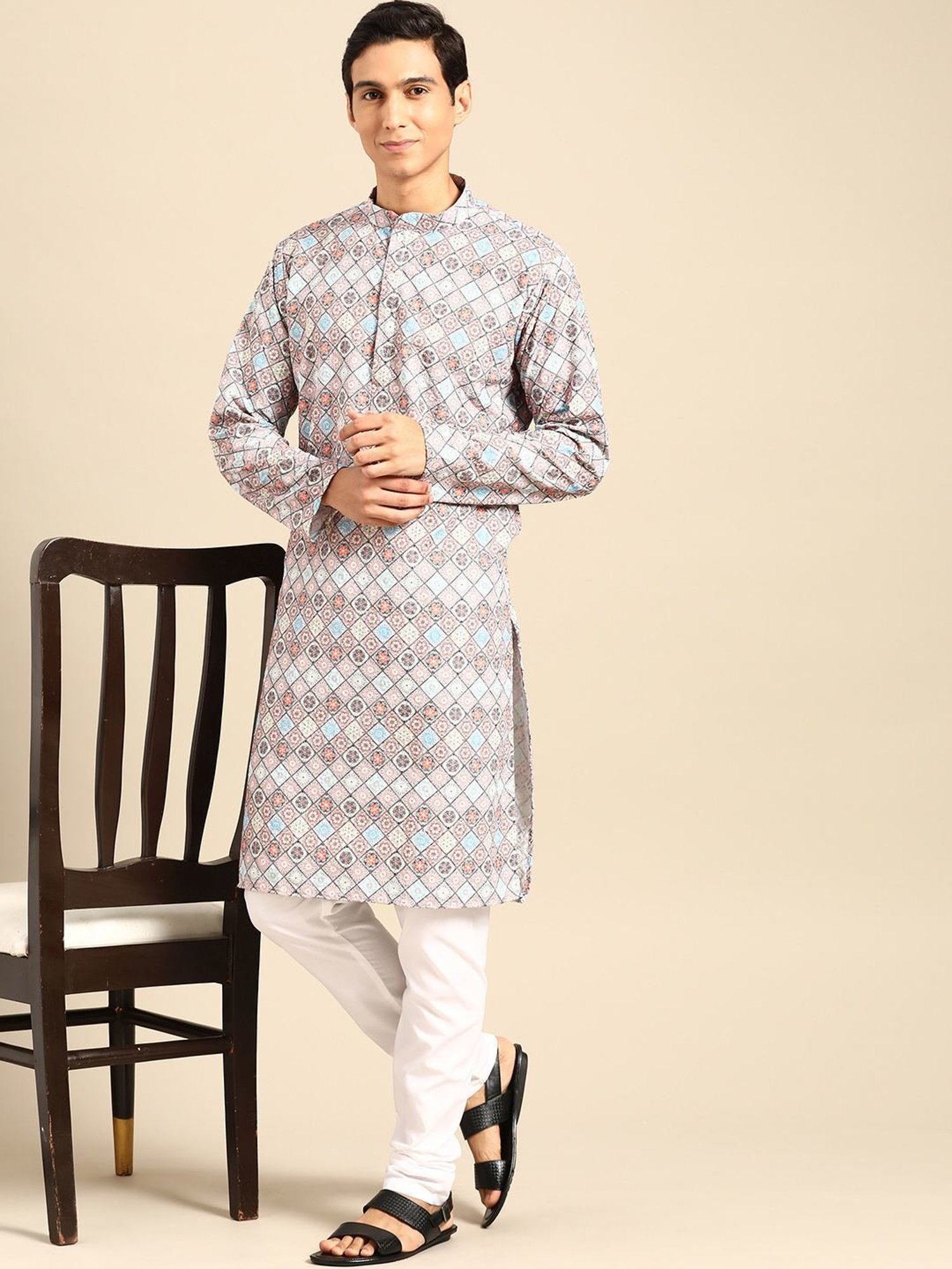 ManQ Multicolored Pure Cotton Regular Fit Embroidered Kurta Bottom Set