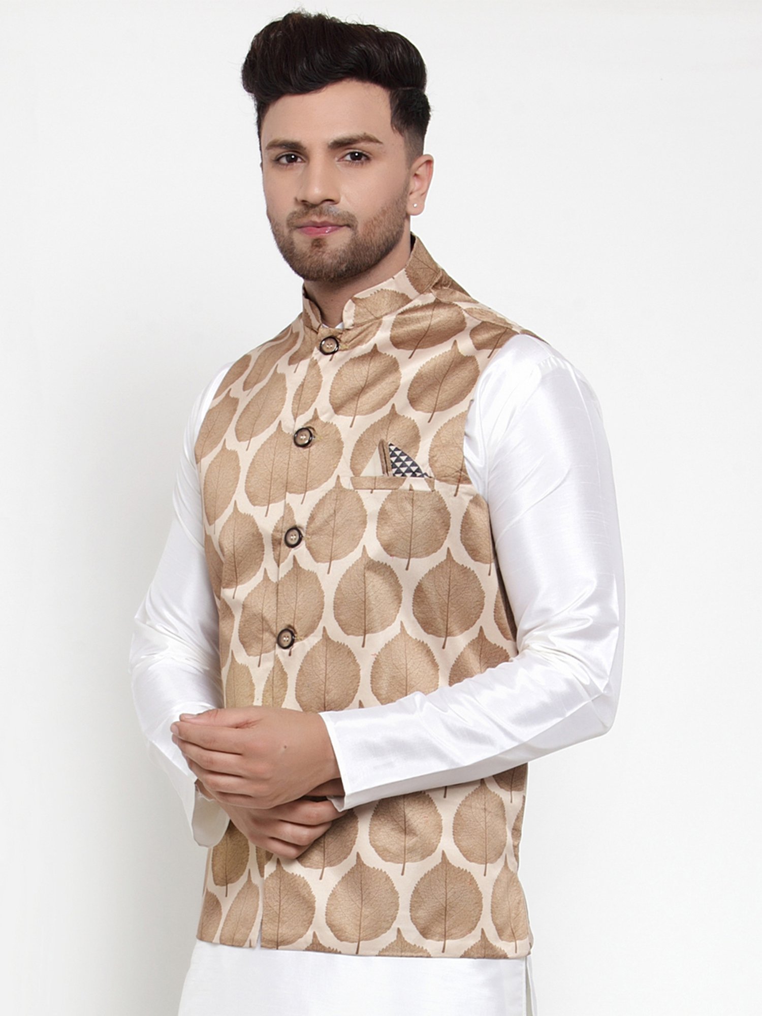 Jompers Brown Regular Fit Tropical Print Nehru Jacket