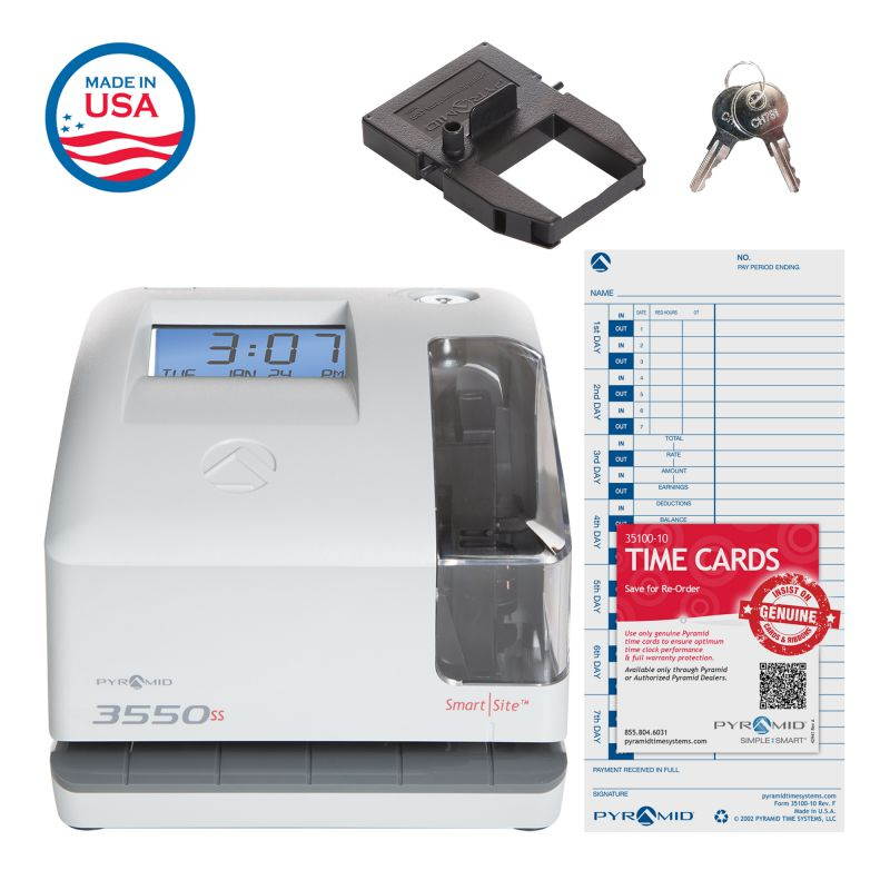 Pyramid Time Systems, Model 3550SS SmartSite Time Clock and Document Stamp, Patented SmartSite LED Linear Light Guide, Includes 25 time Cards, Ribbon, 2 Security Keys and User Guide, Made in USA