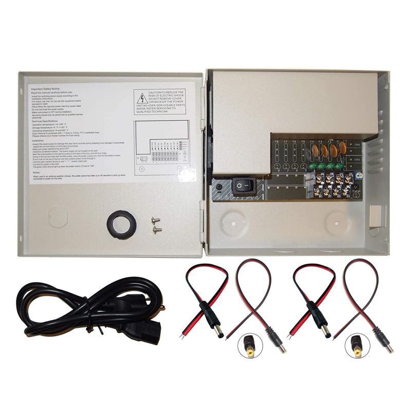 Evertech 4 Channel Port 12 Volt DC Output CCTV Power Supply Distributed Box for Security Camera with 4 Pcs. DC Male Pigtail