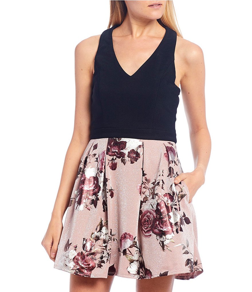 Midnight Doll V-Neck Mixed Foil Print Fit-and-Flare Dress