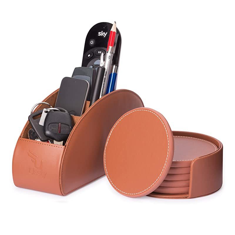 Remote Control Holder Organizer BoxPU Leather Universal Remote Caddy Desktop Organizer 5 Storage Compartments for Office and Set of 6 Round Protection Coasters for Furniture Table Dining Drinks