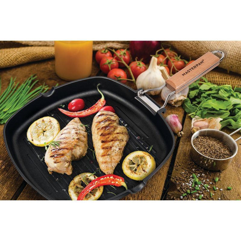 MasterPan 11" Non-Stick Cast Aluminum Grill Pan with Folding Wooden Handle