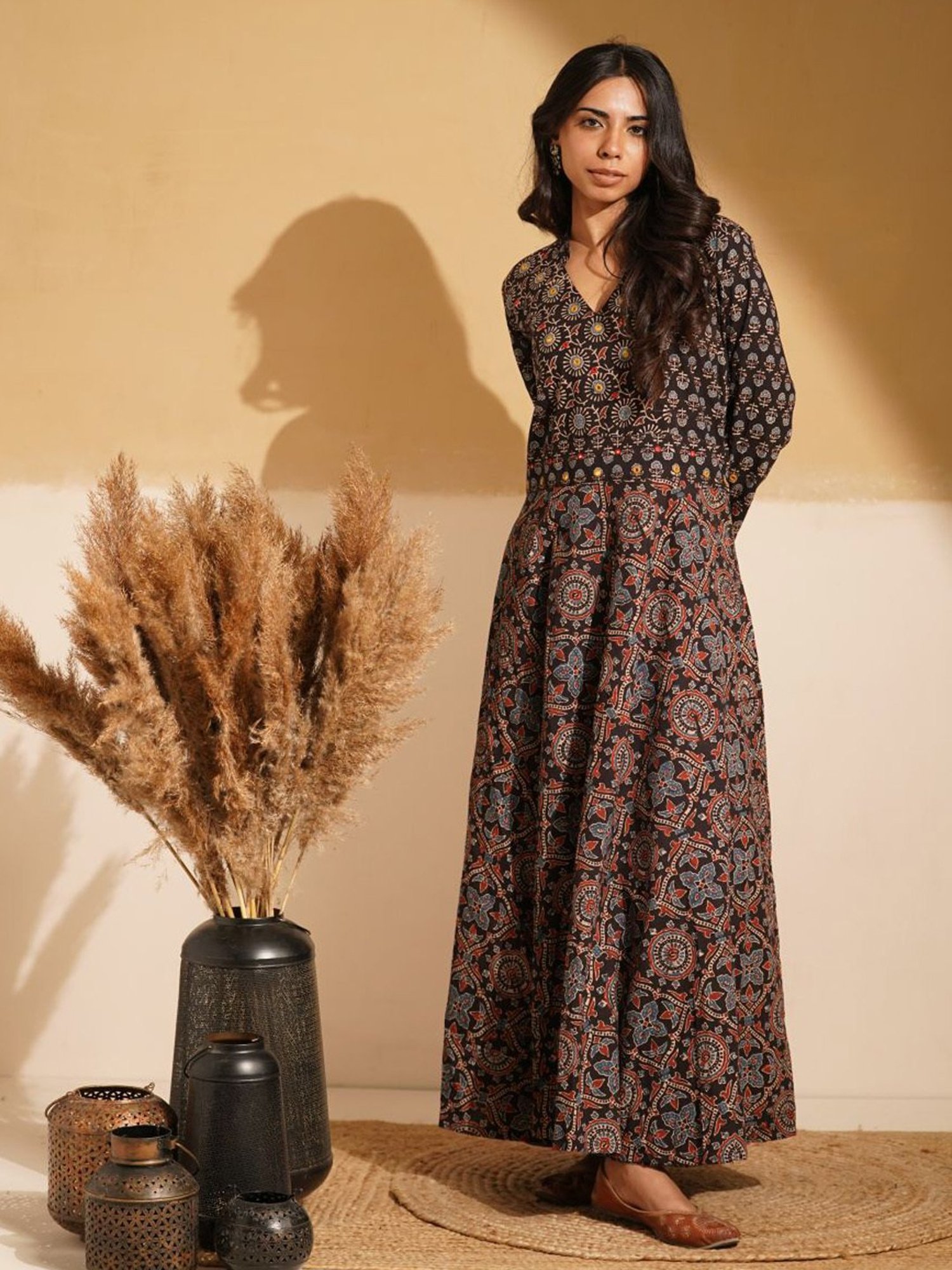 Love Chic Black Cotton Ajrakh Flare Kurta