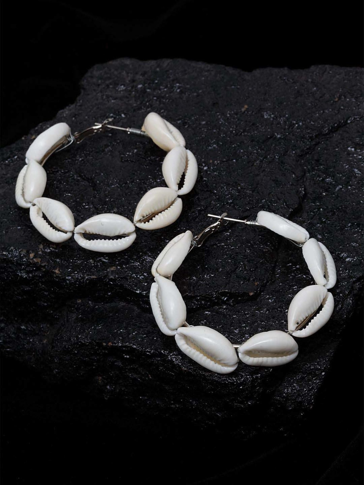 Panash Silver-toned & White Sea Shell Handcrafted Hoop Earrings