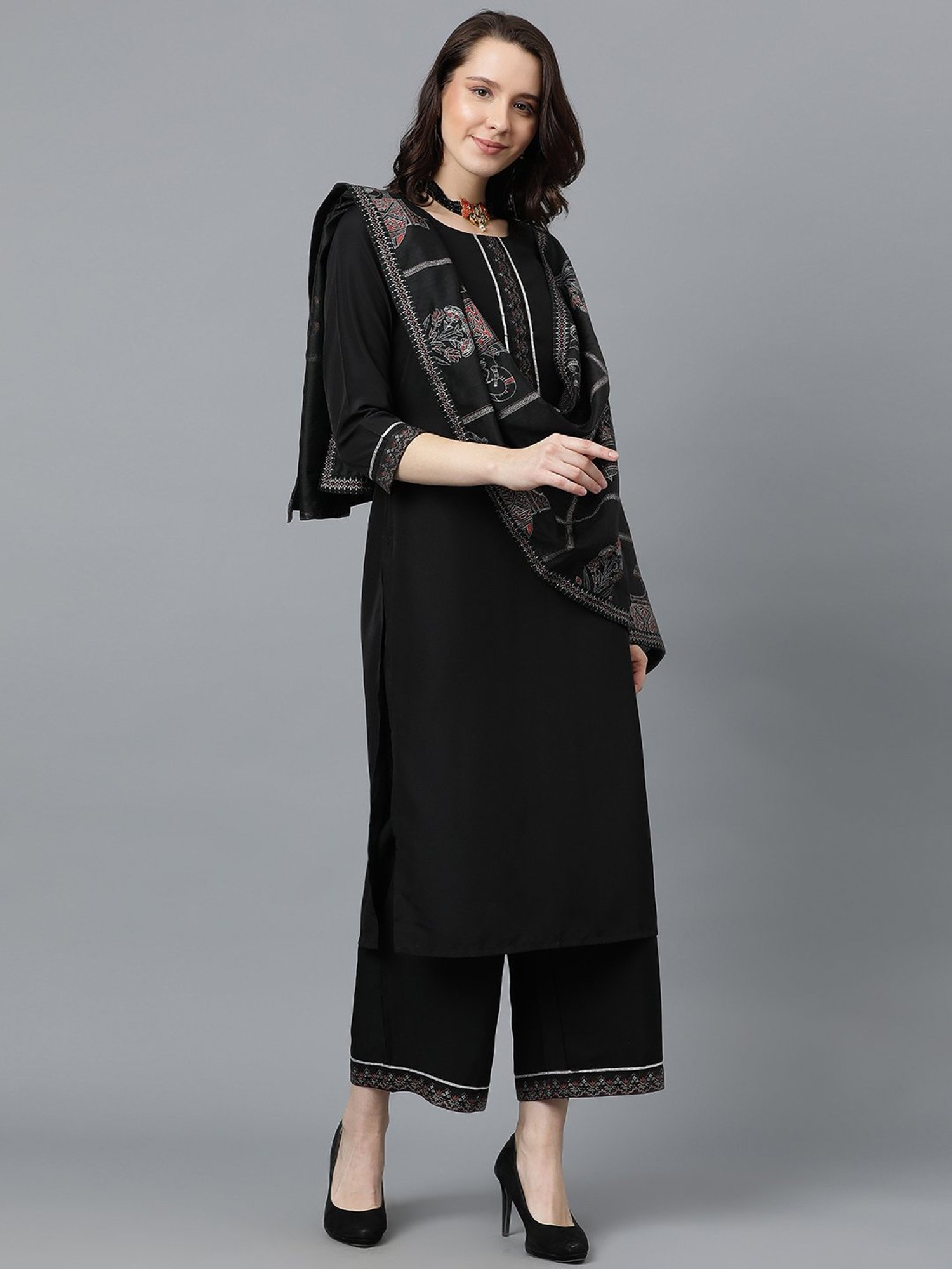 Ziyaa Black Printed Kurta With Palazzo & Dupatta