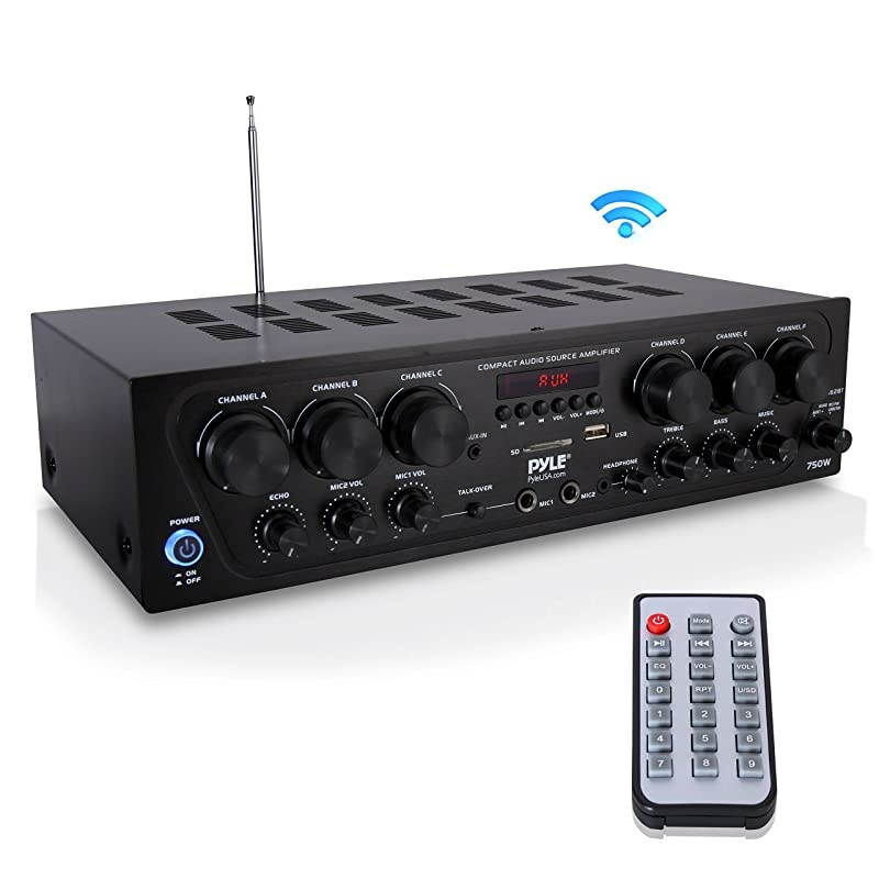 Wireless Bluetooth Karaoke-6 Channel 750 Watt Home Audio Sound Power Stereo Receiver Amplifier w/USB, Headphone, 2 Microphone Input w/Echo, Talkover for PA PTA62BT