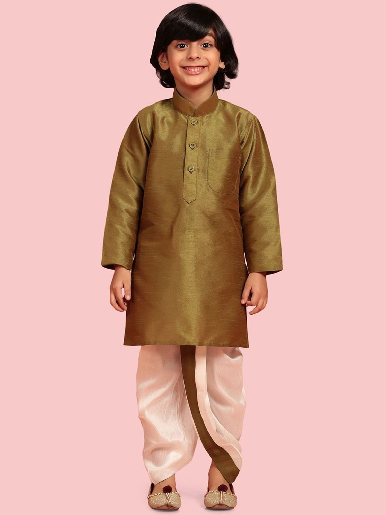 AJ Dezines Kids Olive Green & White Regular Fit Full Sleeves Kurta Set