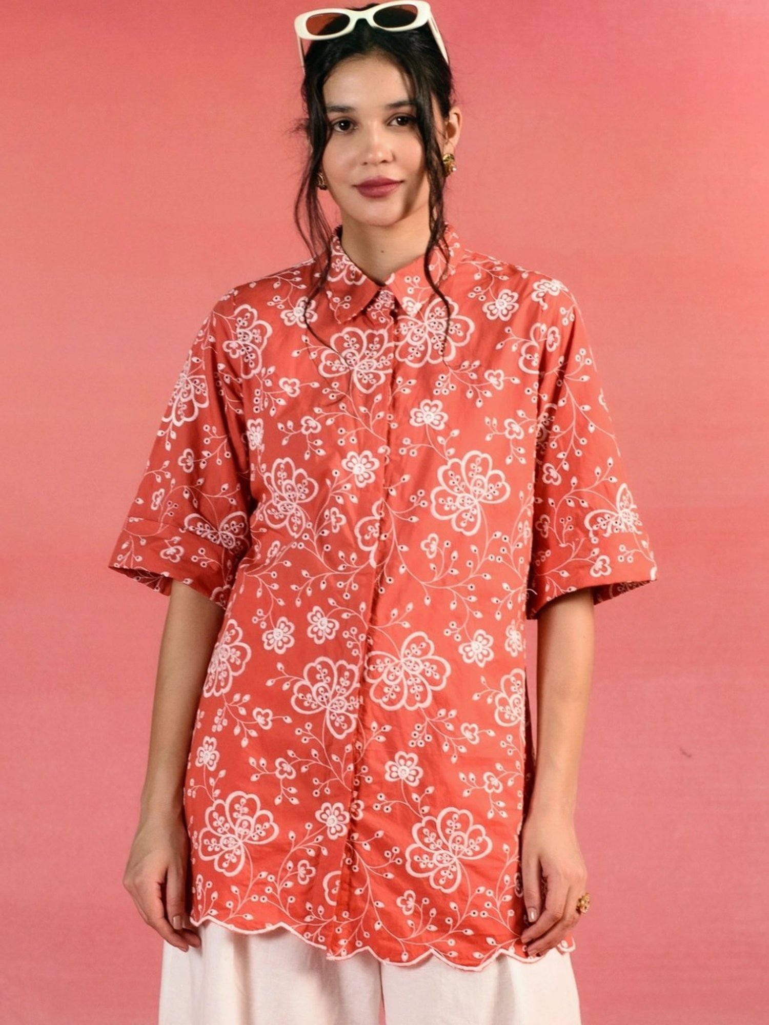 Kameez by Pooja Scarlet Red Floral Embroidered Poplin Shirt