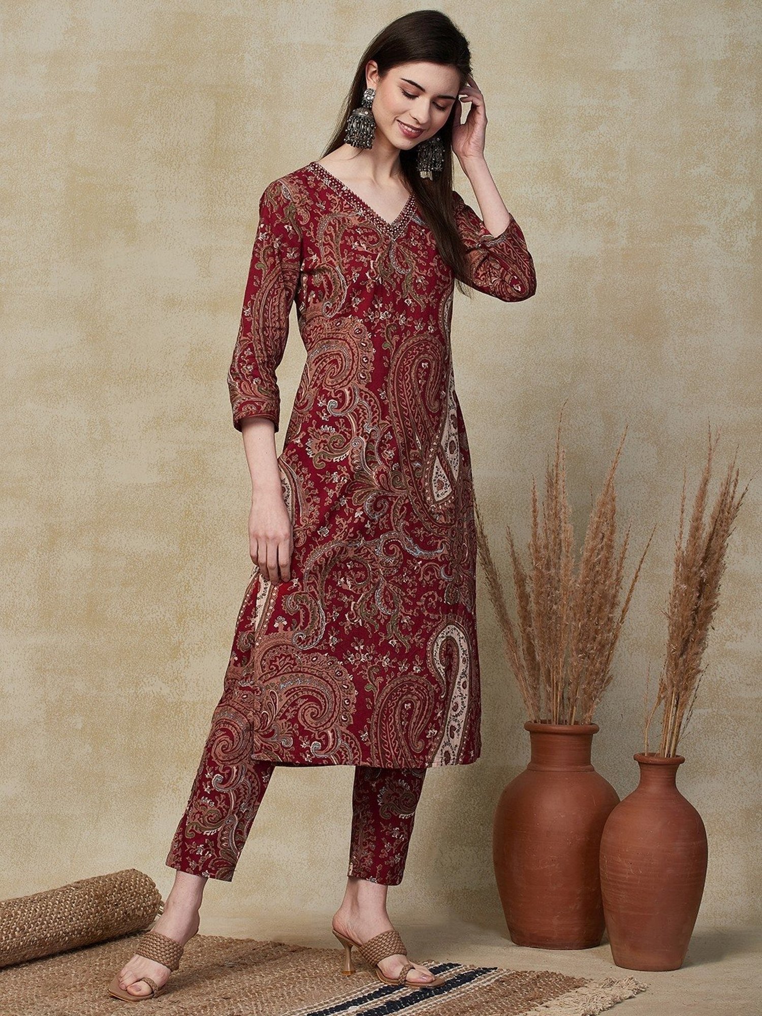 Fashor Maroon Cotton Printed Kurta Pant Set