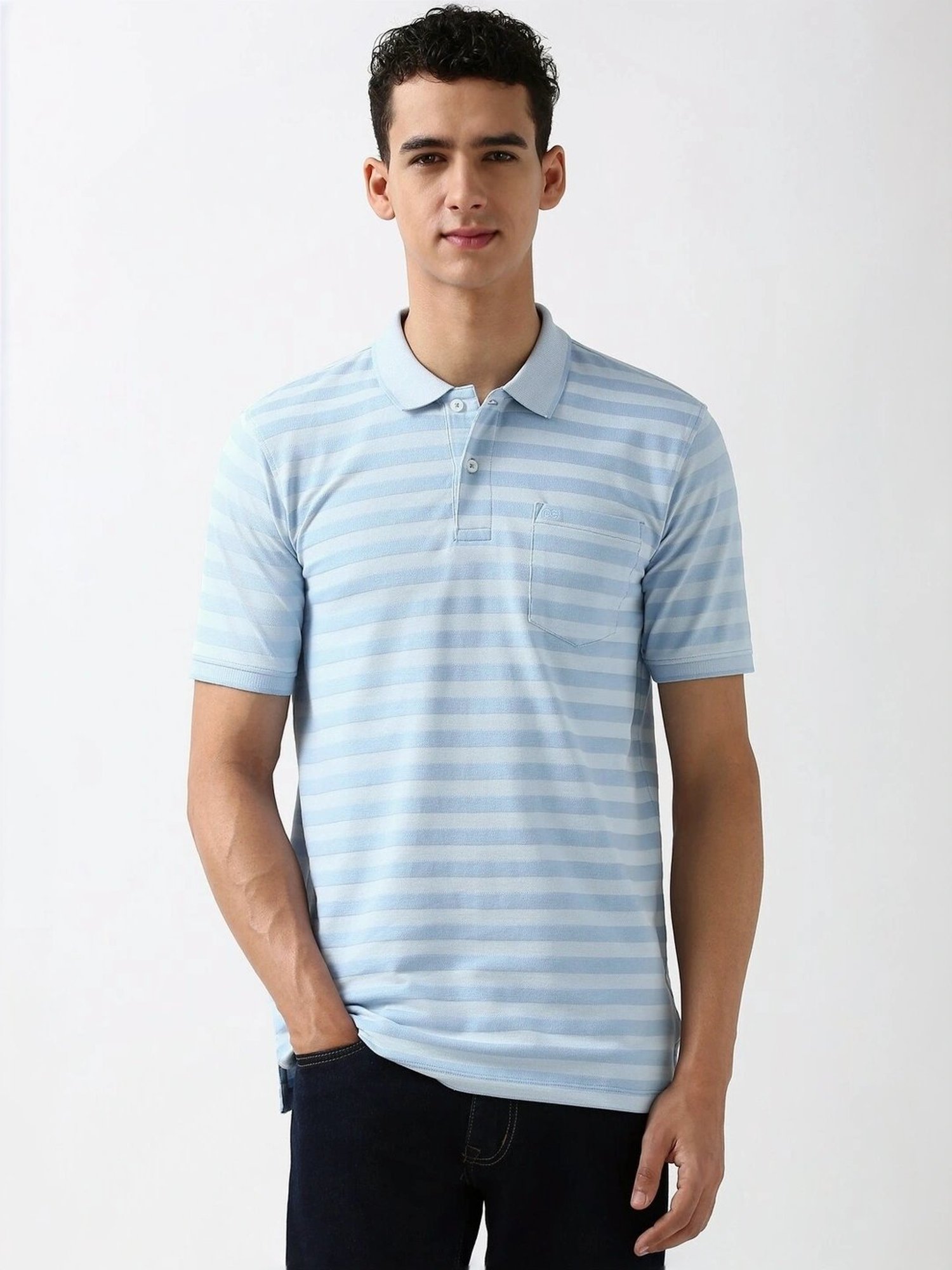 Peter England Blue Regular Fit Striped Polo T-Shirt