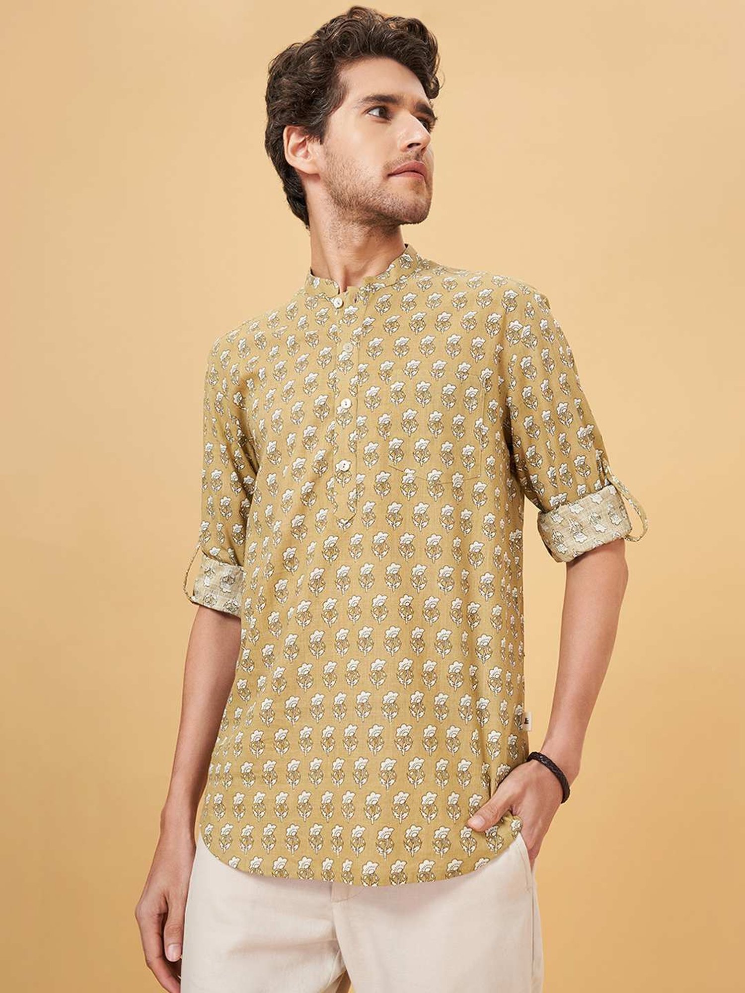 Indus Route By Pantaloons Honey Mustard Cotton Regular Fit Printed Short Kurta