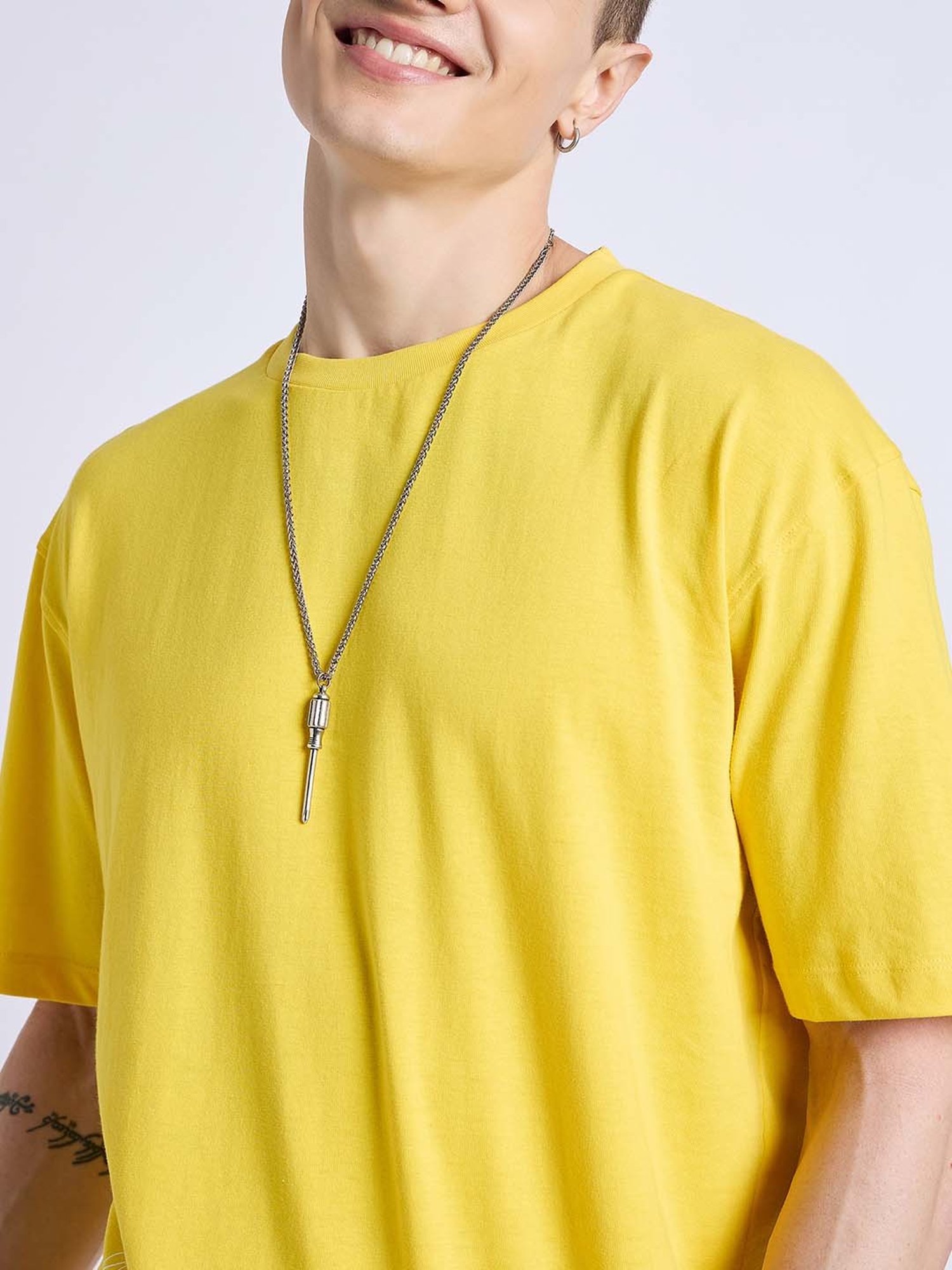 EDRIO Yellow Loose Fit Textured Crew T-Shirt