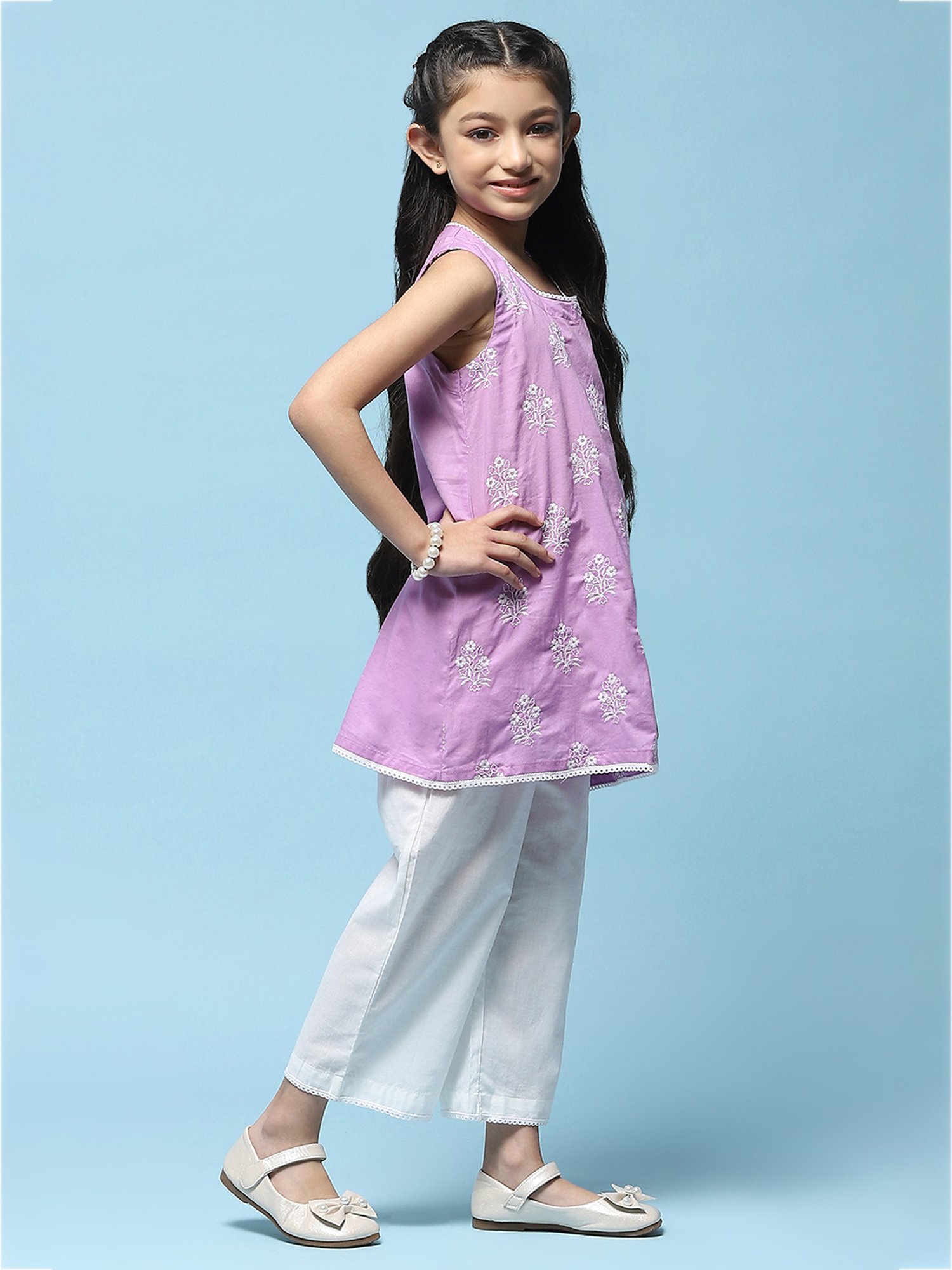 BIBA Girls Purple & White Embroidered Kurta with Plazzos