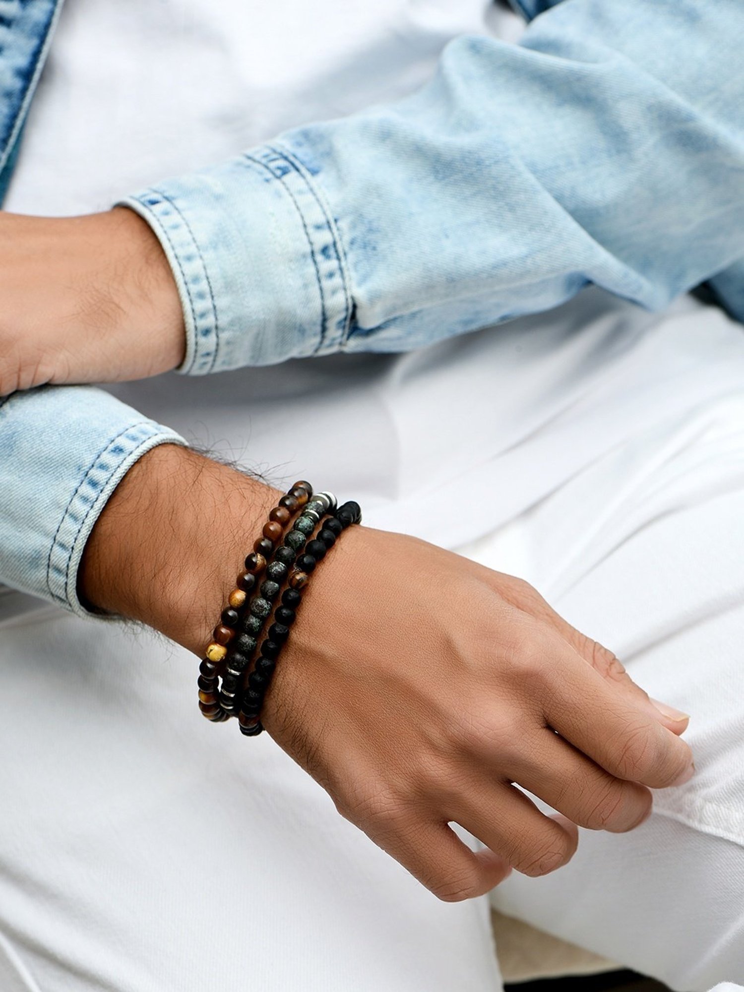 The Bro Code Green & Brown Multi Beads Stretchy Elastic Bracelet for Men - Set of 3