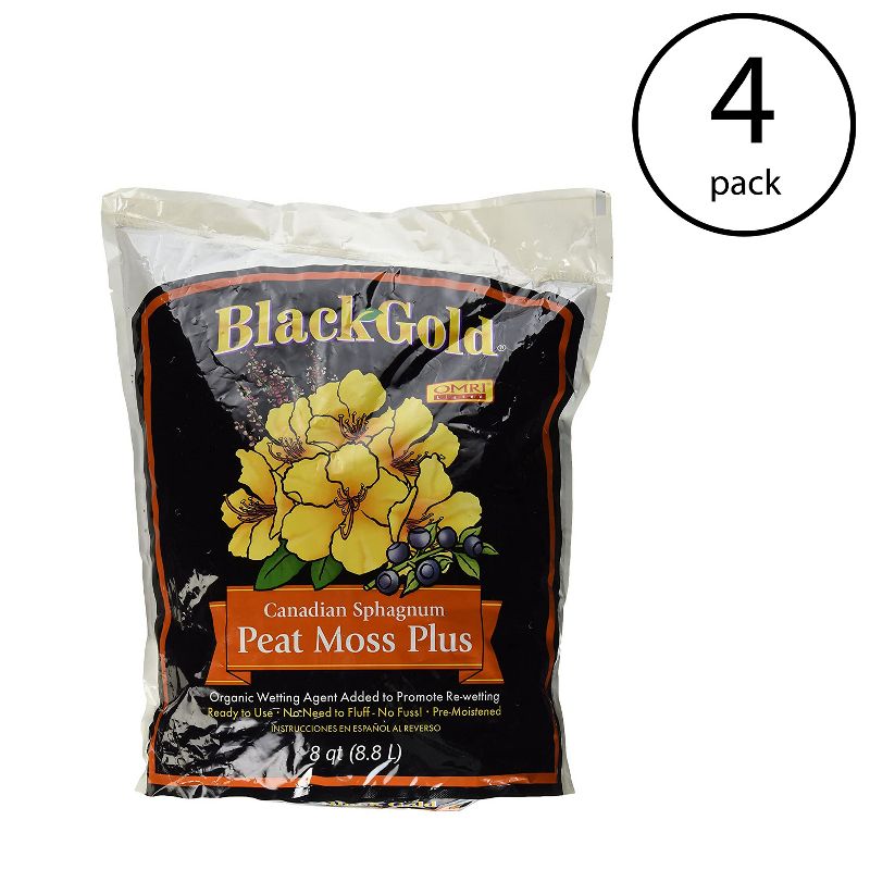 SunGro Black Gold All Purpose Natural and Organic Peat Moss Plus for House Plants, Vegetables, Herbs and More, 8 Quart Bag (4 Pack)