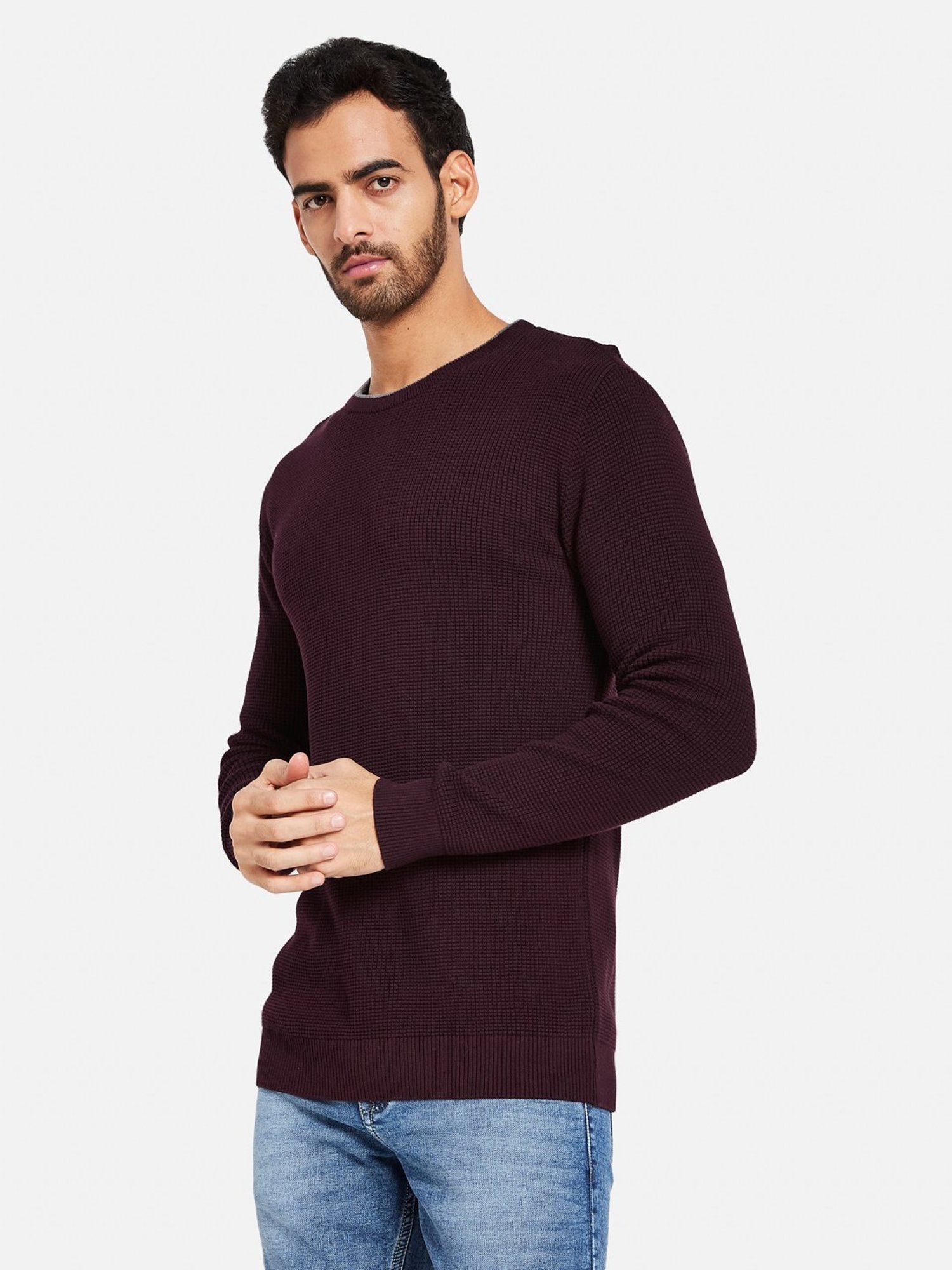 METTLE Wine Cotton Regular Fit Sweater