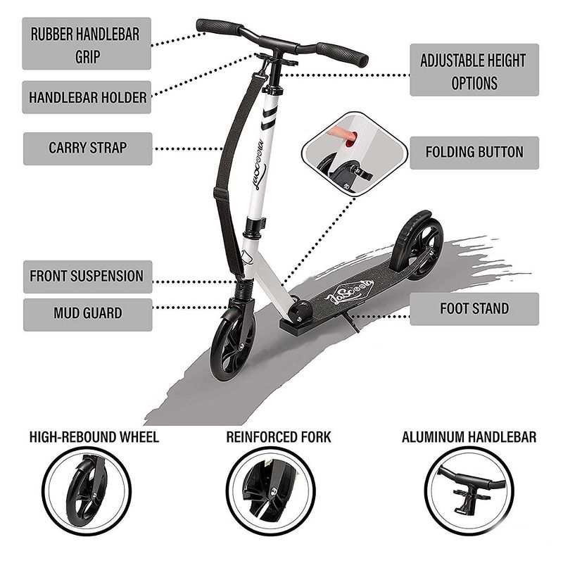 LaScoota Premium Adjustable Portable Folding Kick Scooter with Lightweight Wide Non Slip Deck and Carry Strap, White