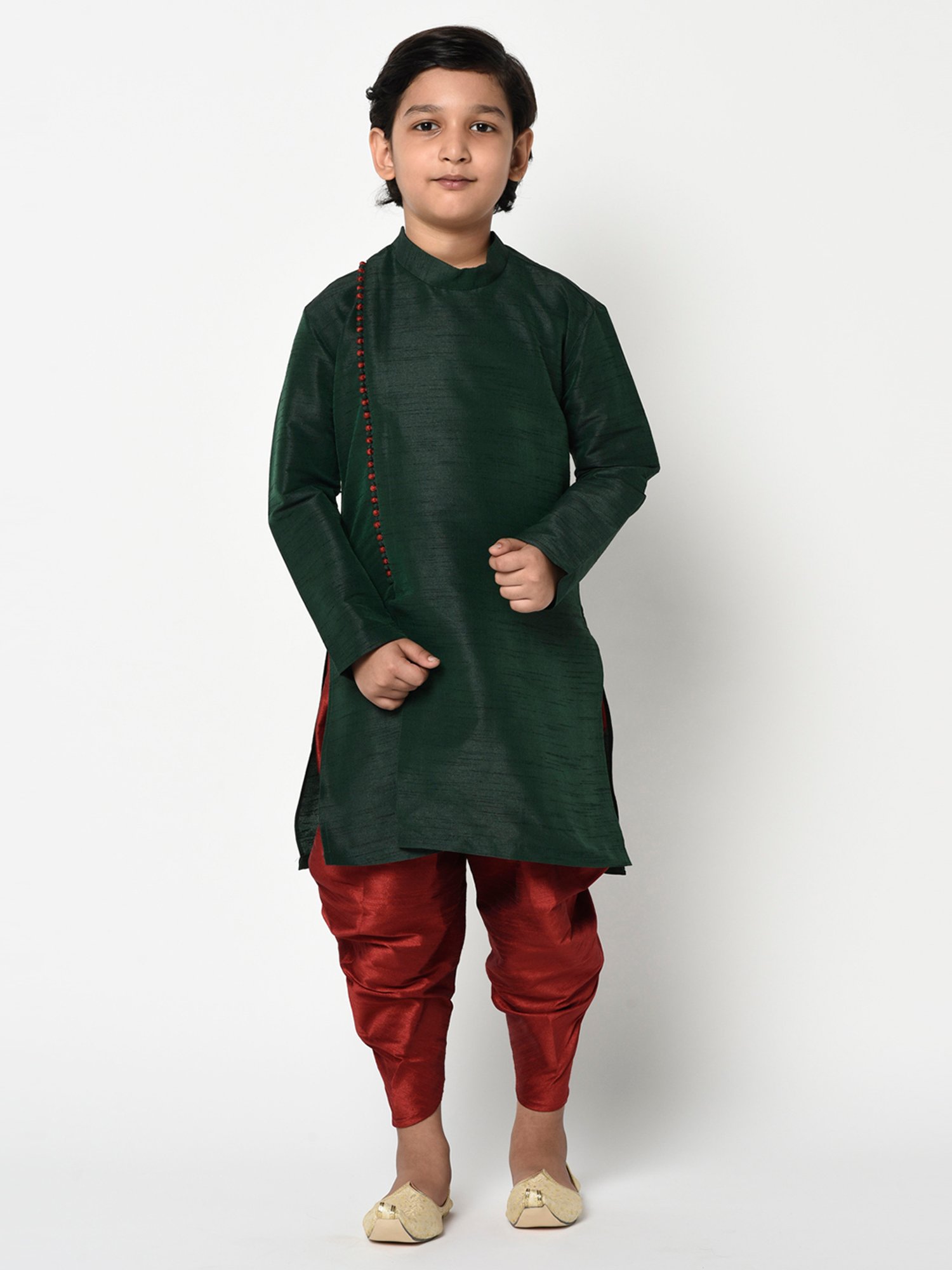 Deyann Kids Green & Maroon Solid Full Sleeves Kurta with Dhoti