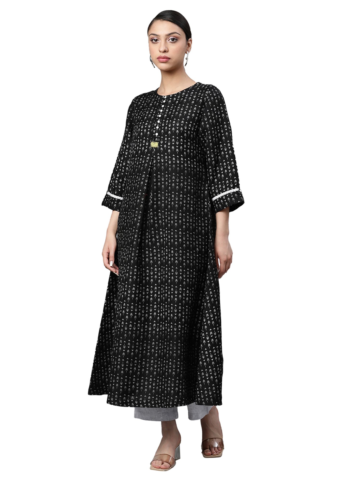Linen Club Woman Black Printed Flared Kurta