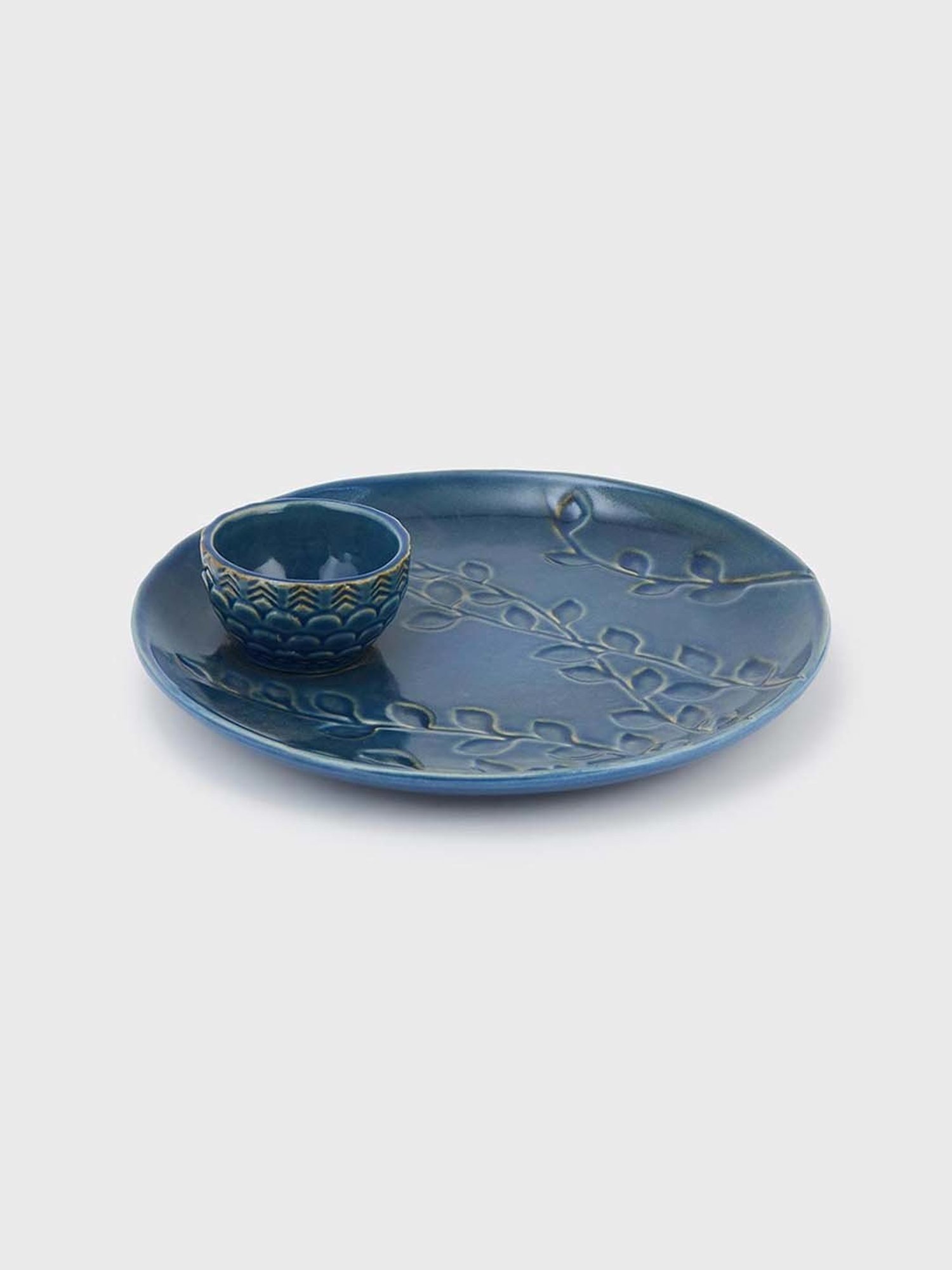 Fabindia Adhrit Blue Ceramic 1 Platters & 1 Dip Bowl