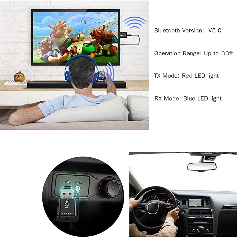 Transmitter Receiver for TV PC Car, Wireless 3.5mm AUX Adapter V5.0 Audio Adapter Car Home Stereo Audio System