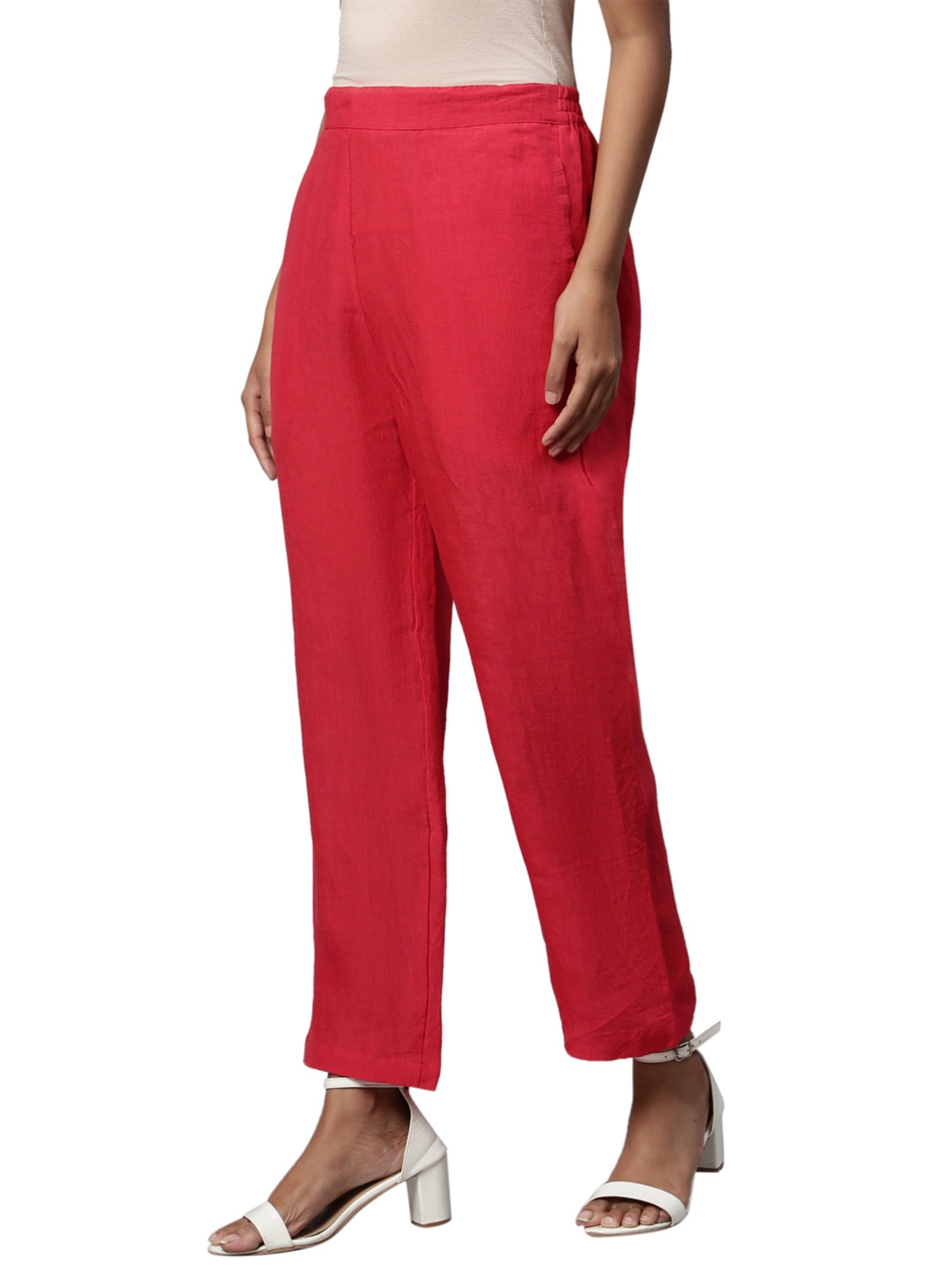Linen Club Woman Red Regular Fit Pants