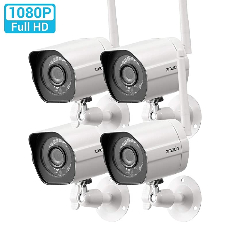 Outdoor Security Camera (4 Pack), 1080p Full HD Wireless Cameras for Home Security with Night Vision, Cloud Service Available, White (ZM-W0002-4)