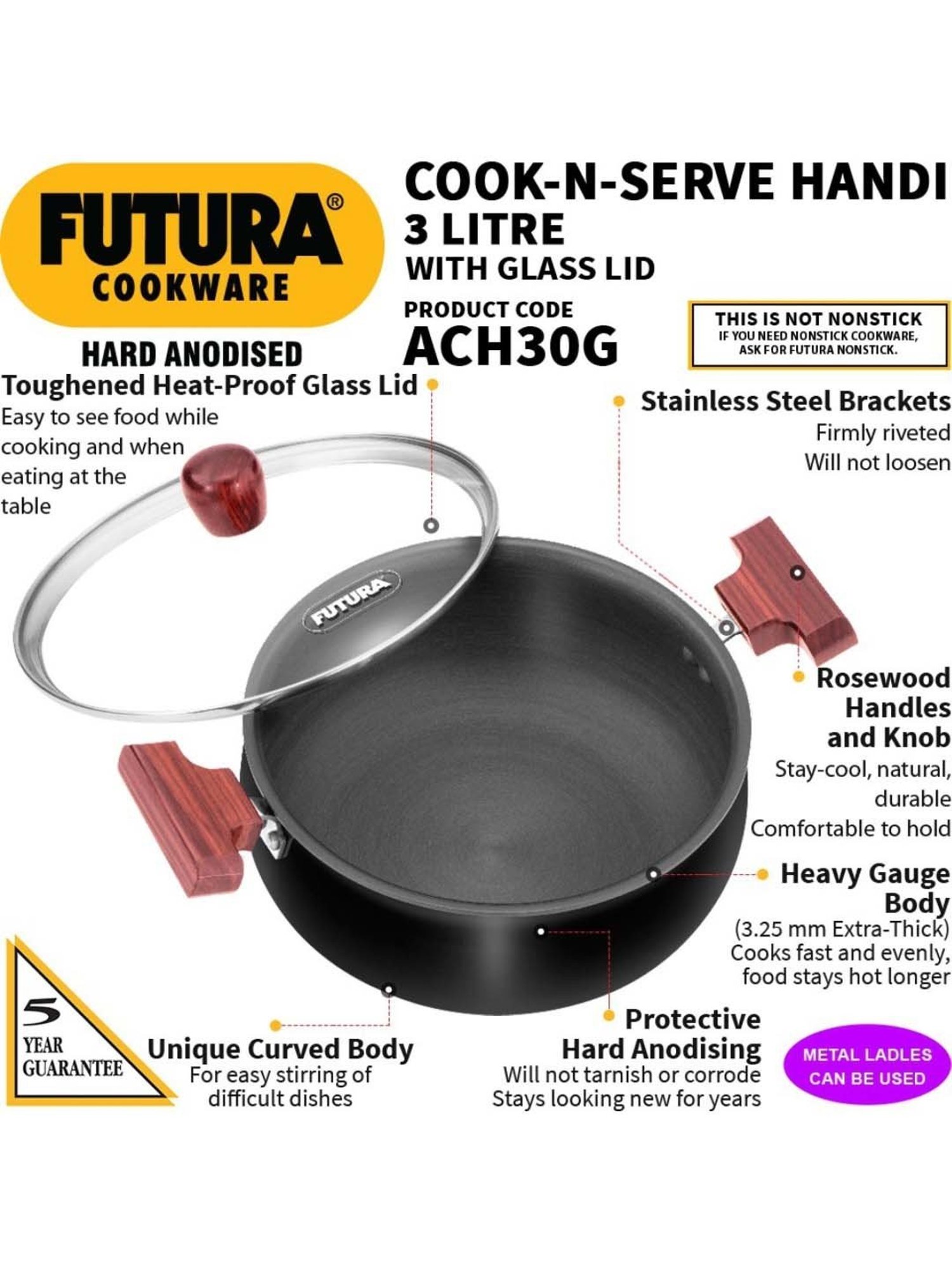 Hawkins Black & Transparent Hard Anodised 22.7 cm Non-Toxic Handi With Glass Lid (3 L) - Set of 1