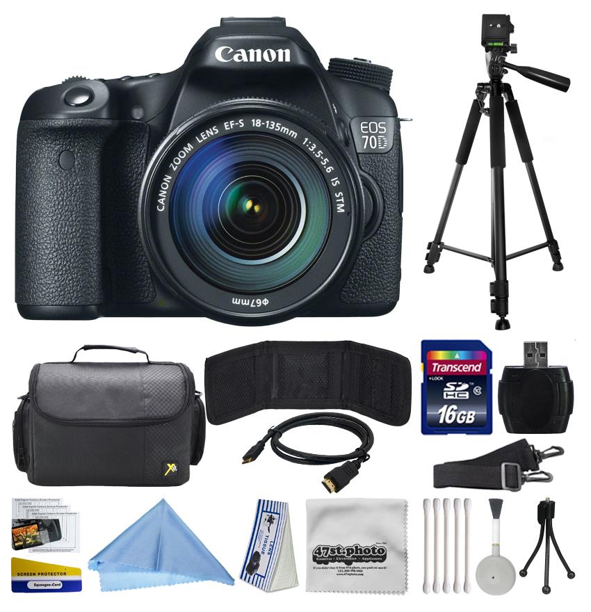 Canon EOS 70D Digital SLR Camera with 18-135mm STM Lens includes 16GB Memory + Large Case + Tripod + Card Reader + Card Wallet + HDMI Mini Cable + Cleaning Kit 8469B016
