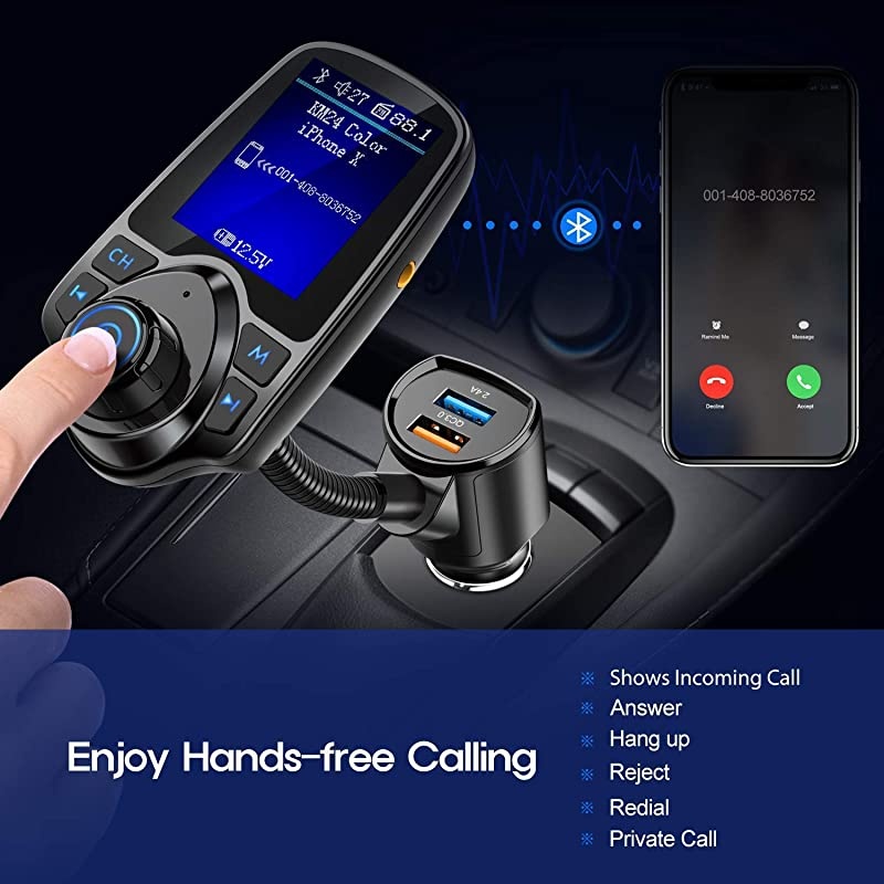 Bluetooth FM Transmitter for Car 18 Color Screen Radio Adapter W QC30 5V24A Charging Handsfree Call Support microSD Card Aux Play EQ Modes KM18 Upgraded Version Black